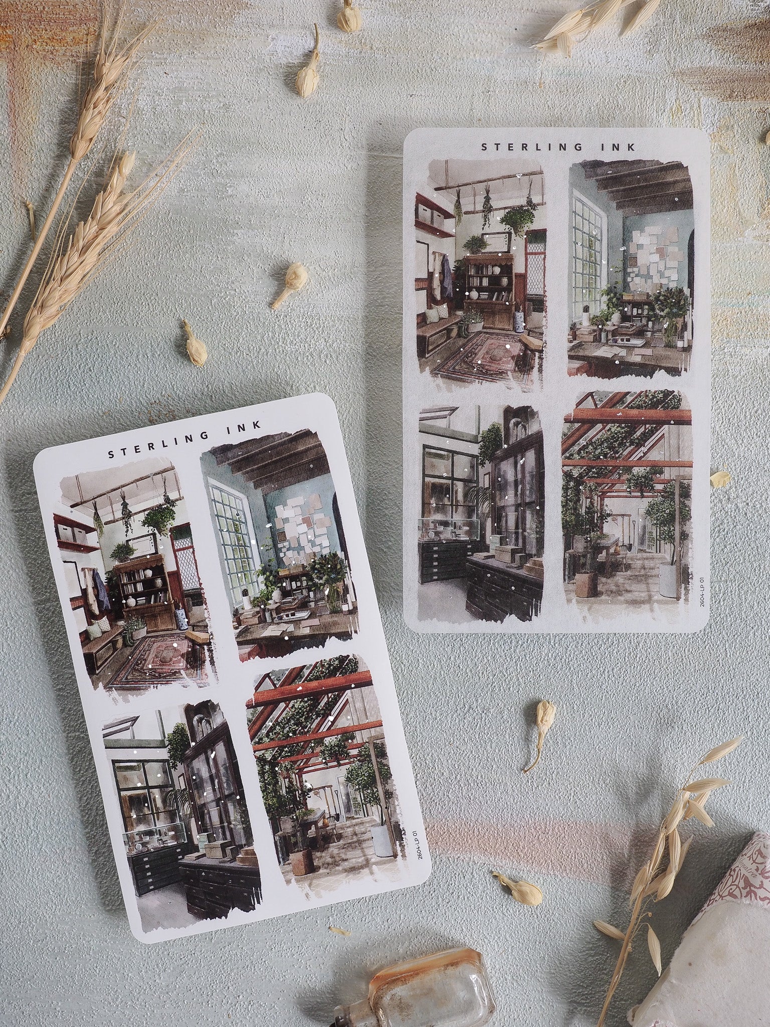 Illustration sticker sheet featuring detailed black and white sketches of market stalls and architectural interiors, perfect for journaling or scrapbooking.