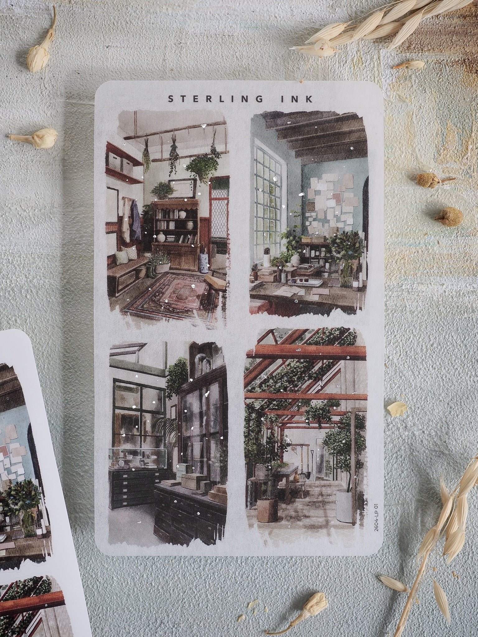 Detailed illustration sheet featuring four distinct architectural renderings of sunlit, modern interiors, depicting rooms with large windows, natural wood, and plants.