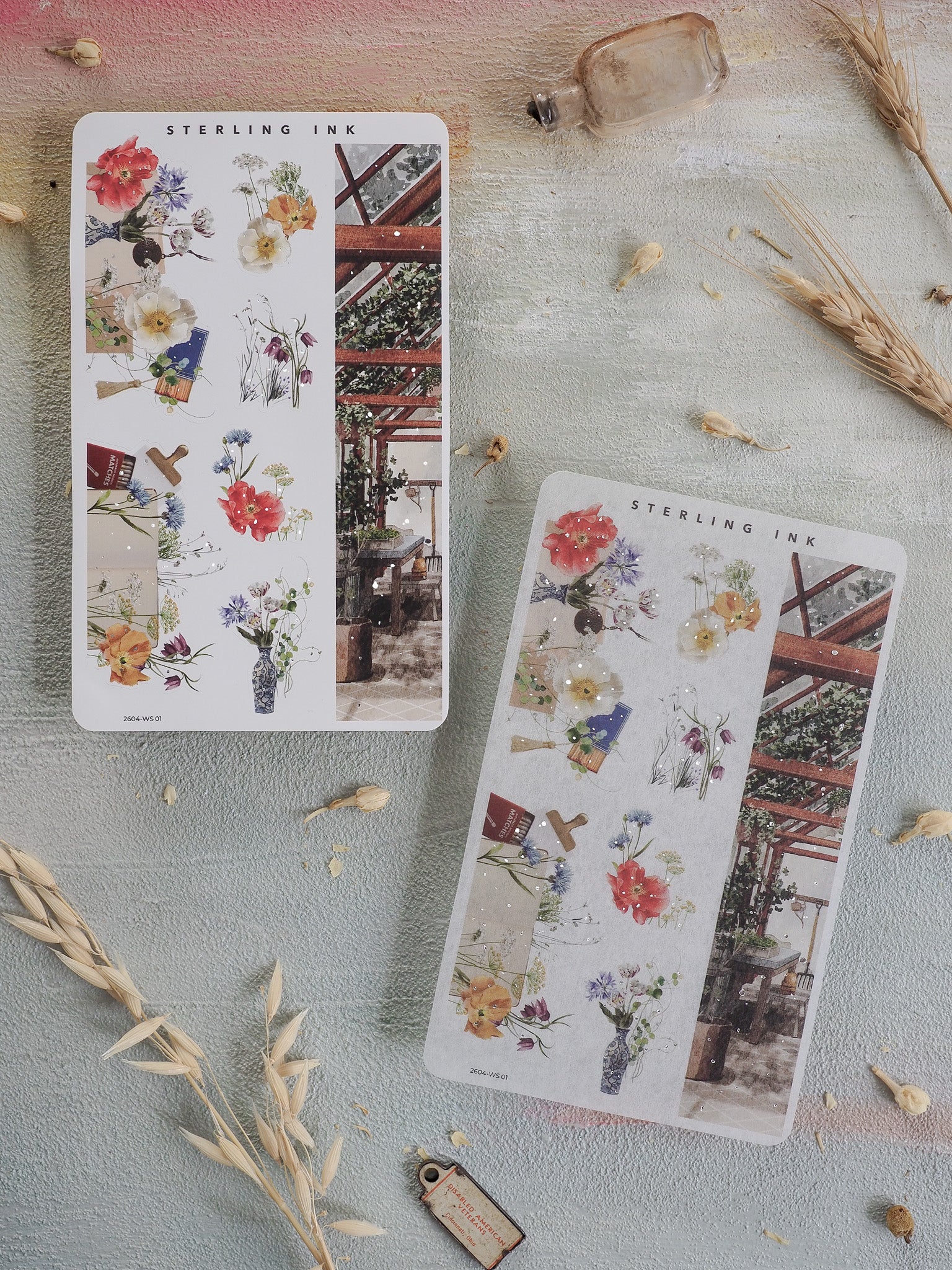 Floral washi strips displaying pastel bouquets, foliage, and a rustic greenhouse scene, accented with delicate die-cuts and silver foil details.