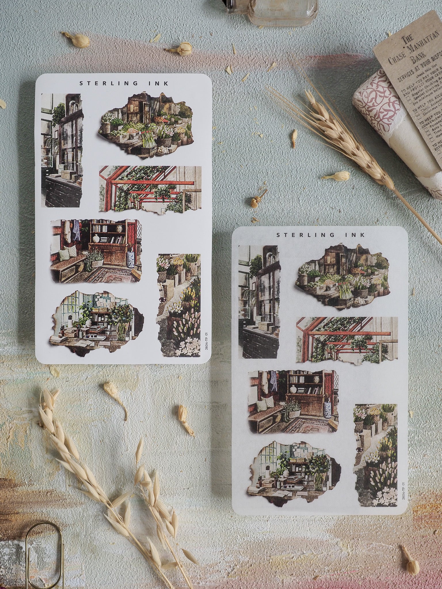 Set of torn paper stickers featuring rustic, overgrown architectural scenes and botanical collage elements, perfect for journaling and scrapbooking.