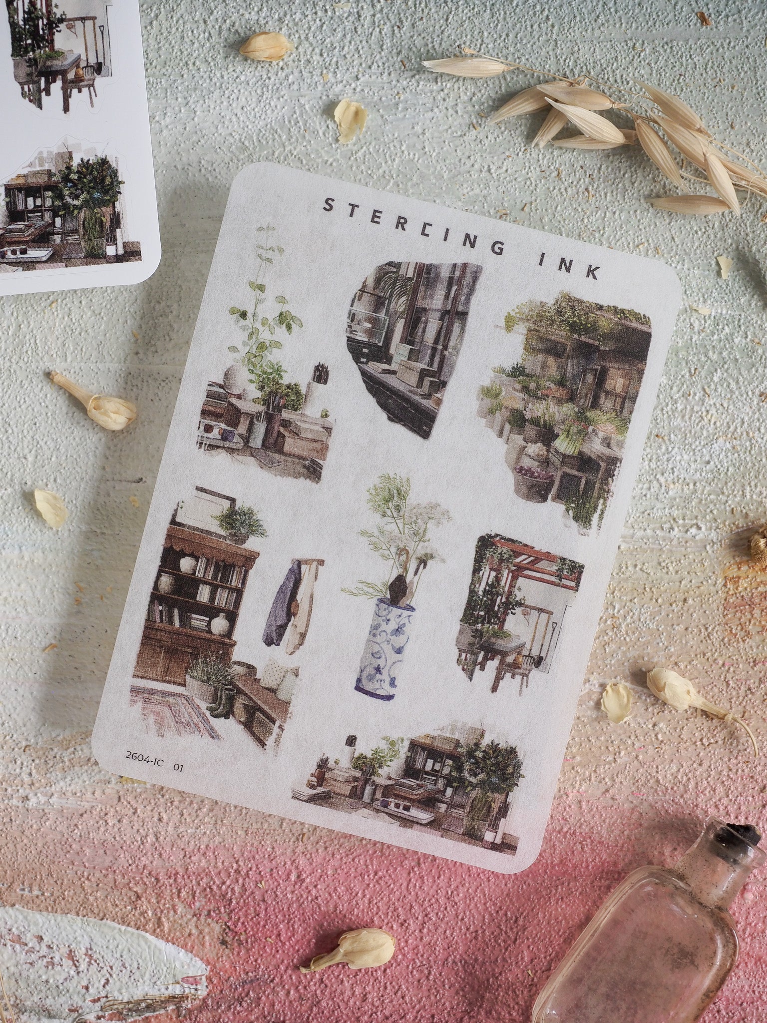 Mini elements sticker sheet featuring a collection of charming, illustrated architectural icons, including detailed shops, villas, and street scenes.