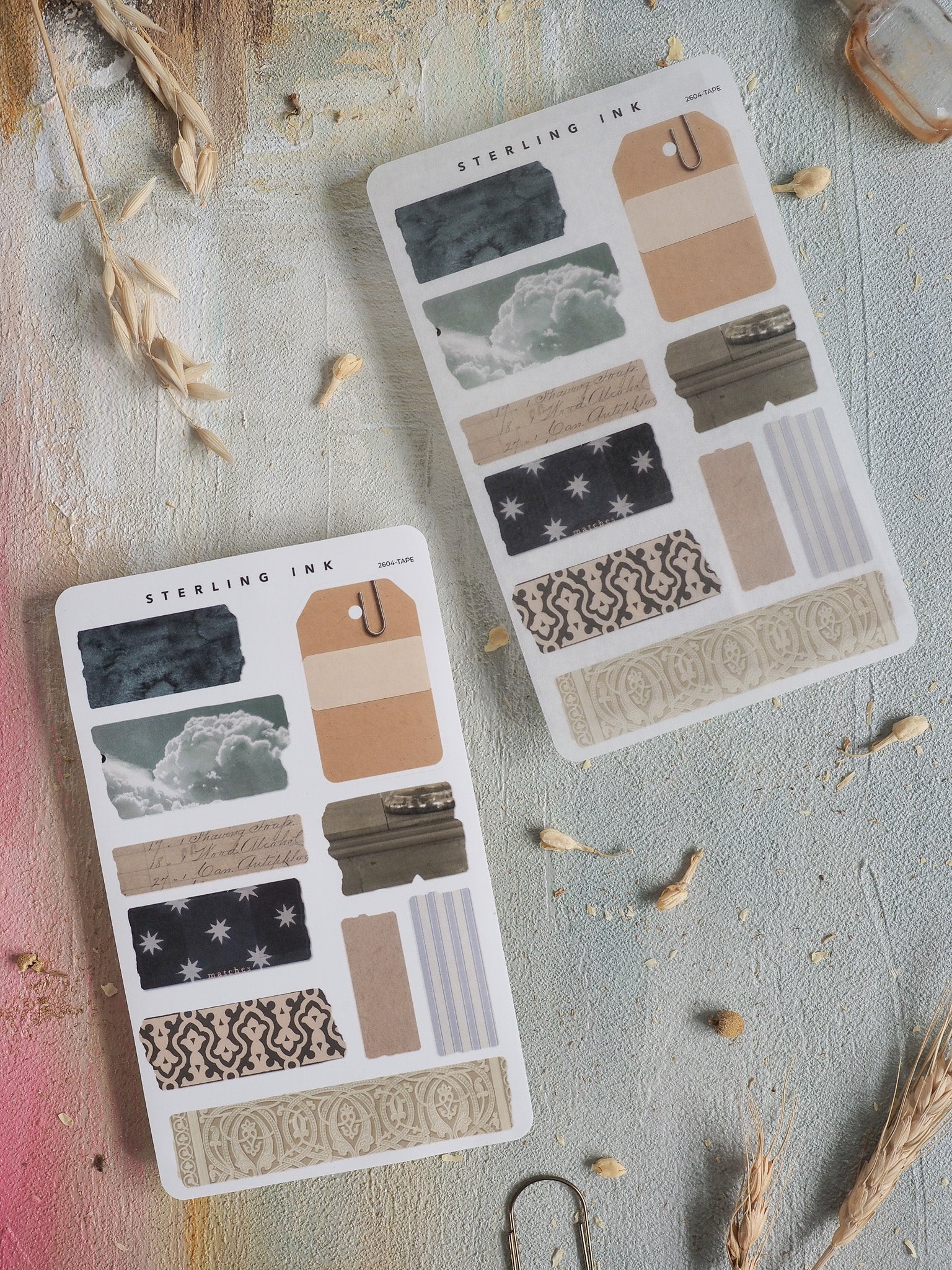 Varied collection of decorative tapes showcasing cloud motifs, starry skies, solid neutral tones, and geometric patterns perfect for seasonal journaling and scrapbooking.