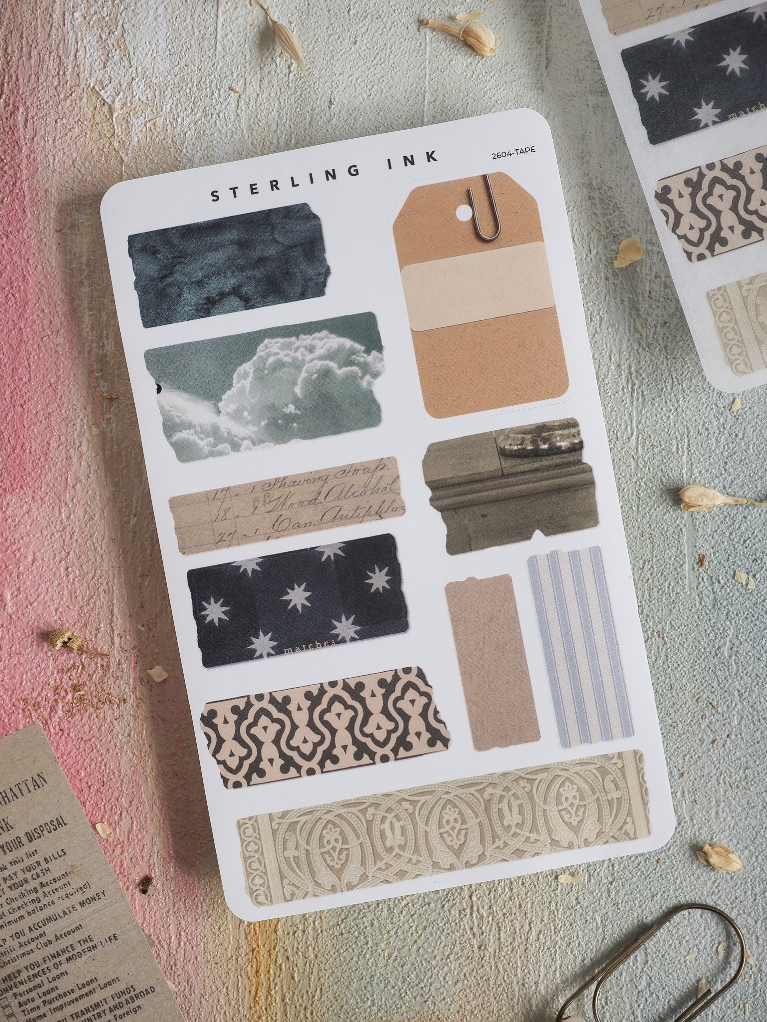 A versatile set of journaling torn tape stickers featuring solid muted colors, distressed textures, delicate lacy borders, and diverse decorative patterns.