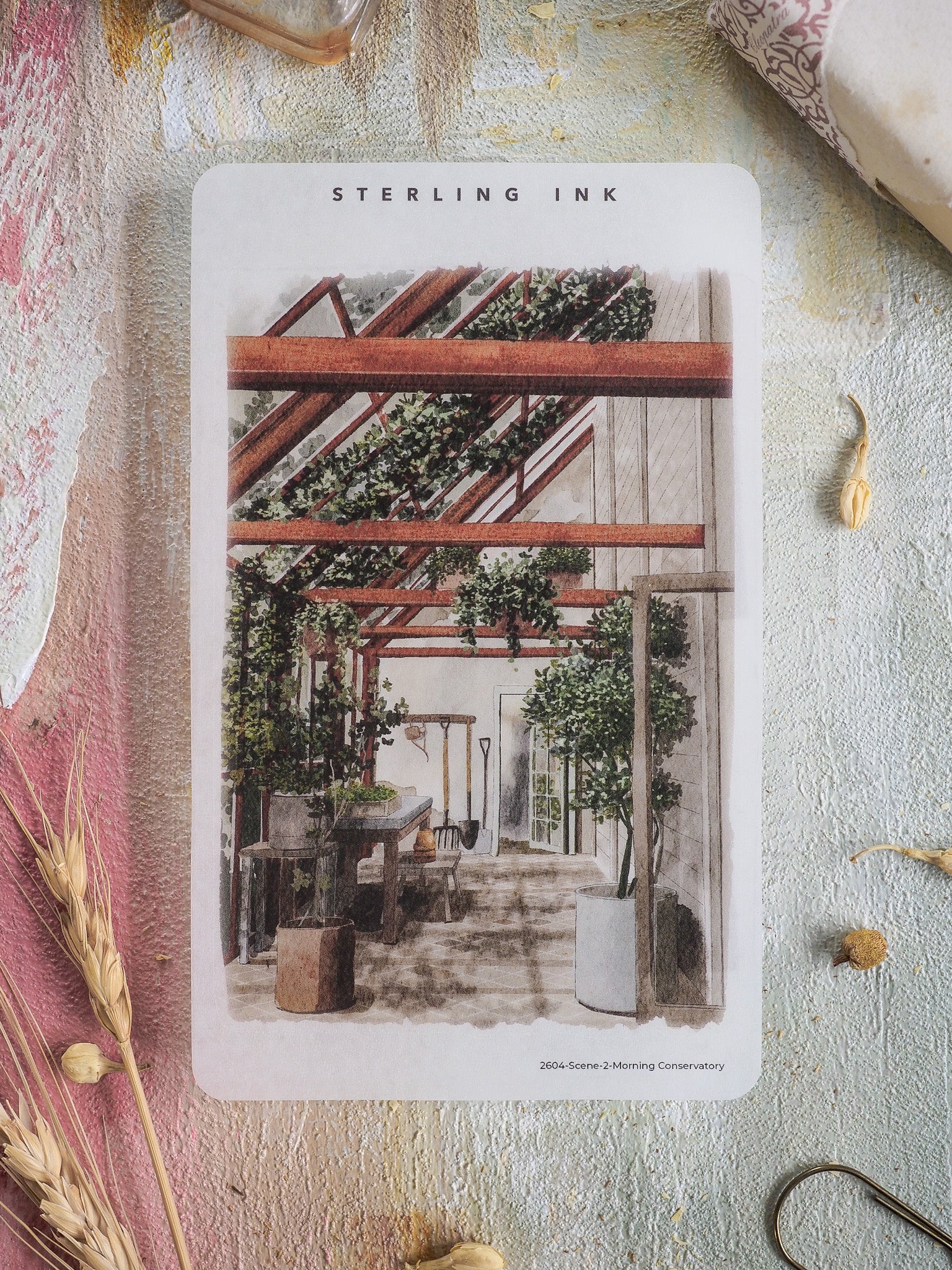 Charming watercolor illustration of a sunlit conservatory scene featuring rustic wooden beams, glass panels, and abundant potted greenery.