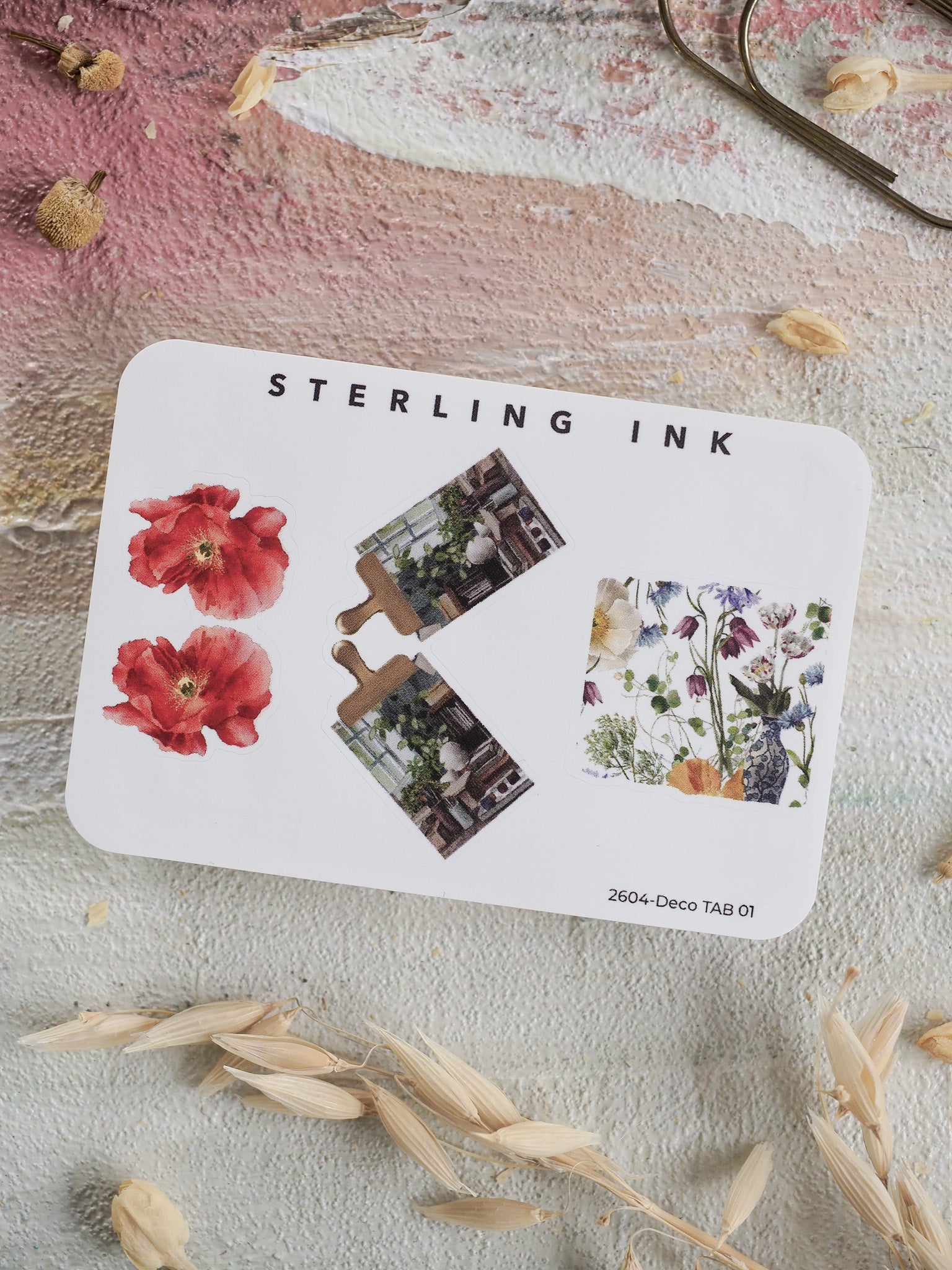 Deco Tabs for April 2026 featuring spring floral stickers, red peonies, and vintage building illustrations for journaling and scrapbooking.