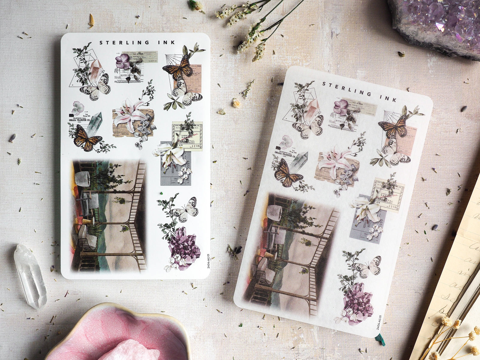 Detailed botanical arrangement stickers featuring vintage butterfly illustrations, delicate lilies, and purple floral elements perfect for scrapbooking.