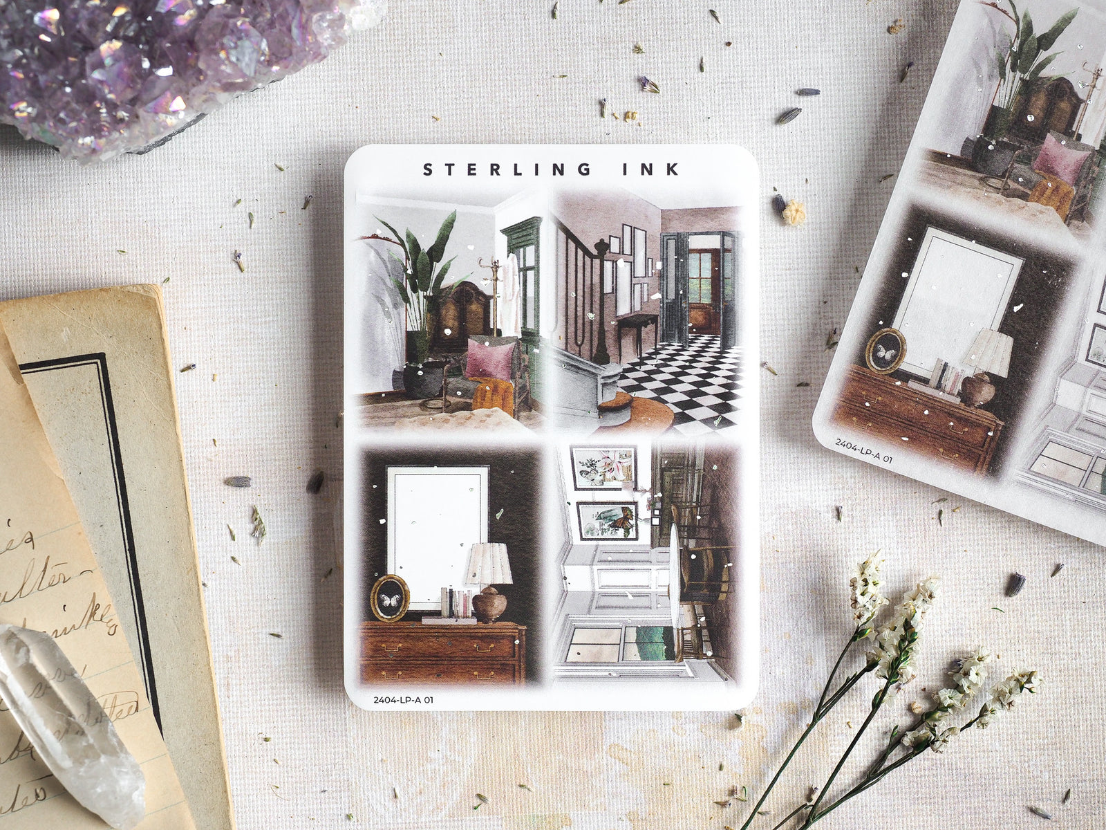 Four intricate sticker illustrations featuring detailed vintage vignettes of indoor scenes, including rooms with checkered floors, furniture, and decorative architectural elements.