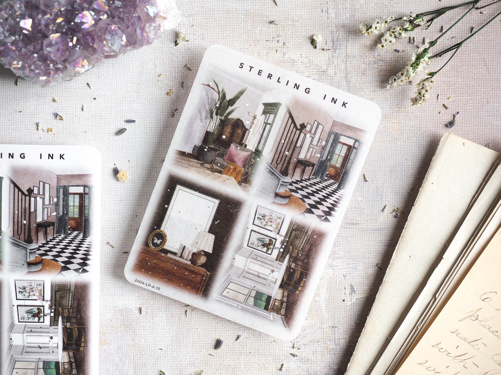 Large vintage illustration stickers depicting detailed architectural interiors, including rooms with checkered floors, dark wood furniture, and classical decor.