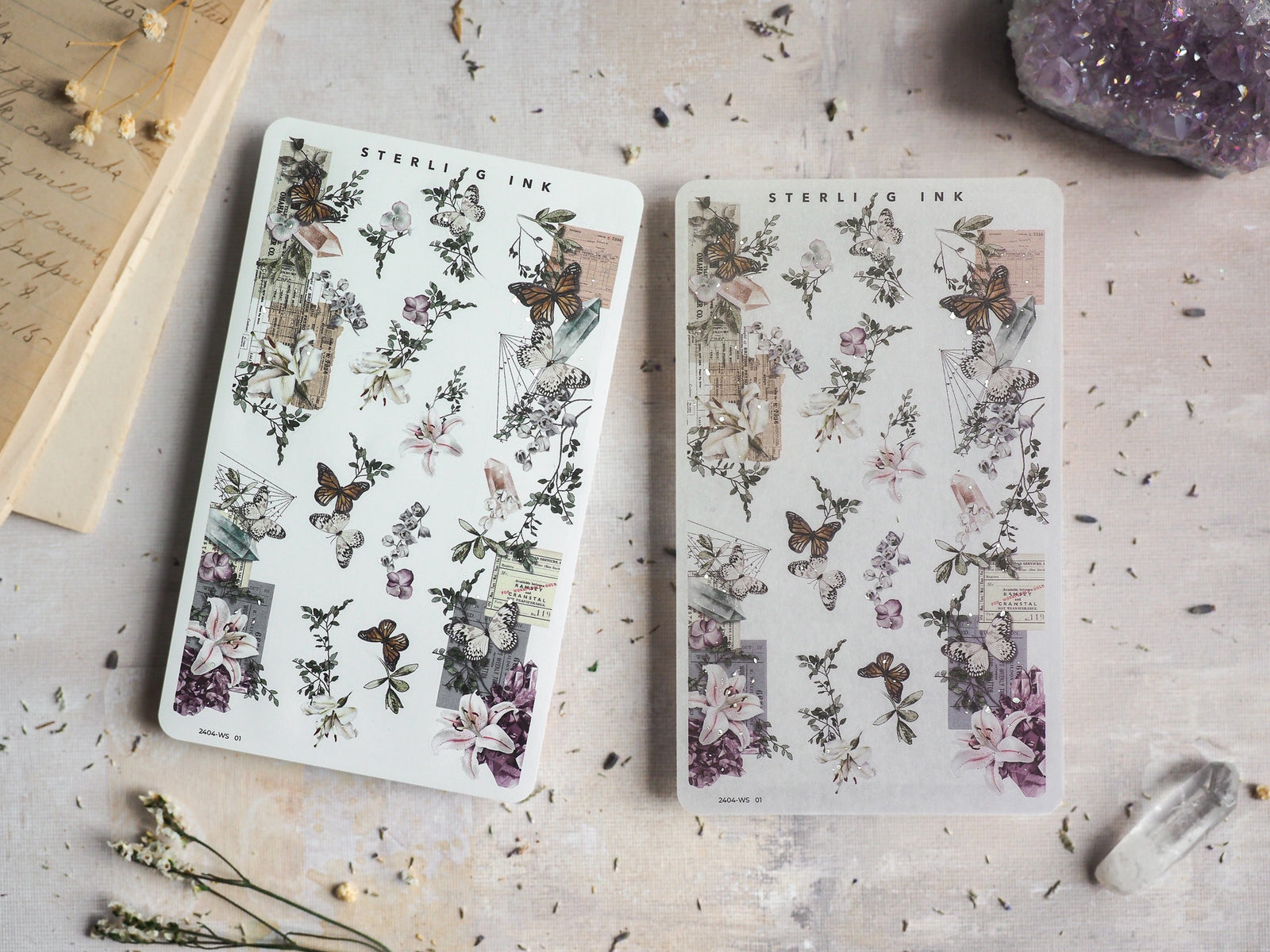 Elegant botanical washi sticker sheets featuring detailed illustrations of butterflies, purple flowers, and antique elements on a cream background.
