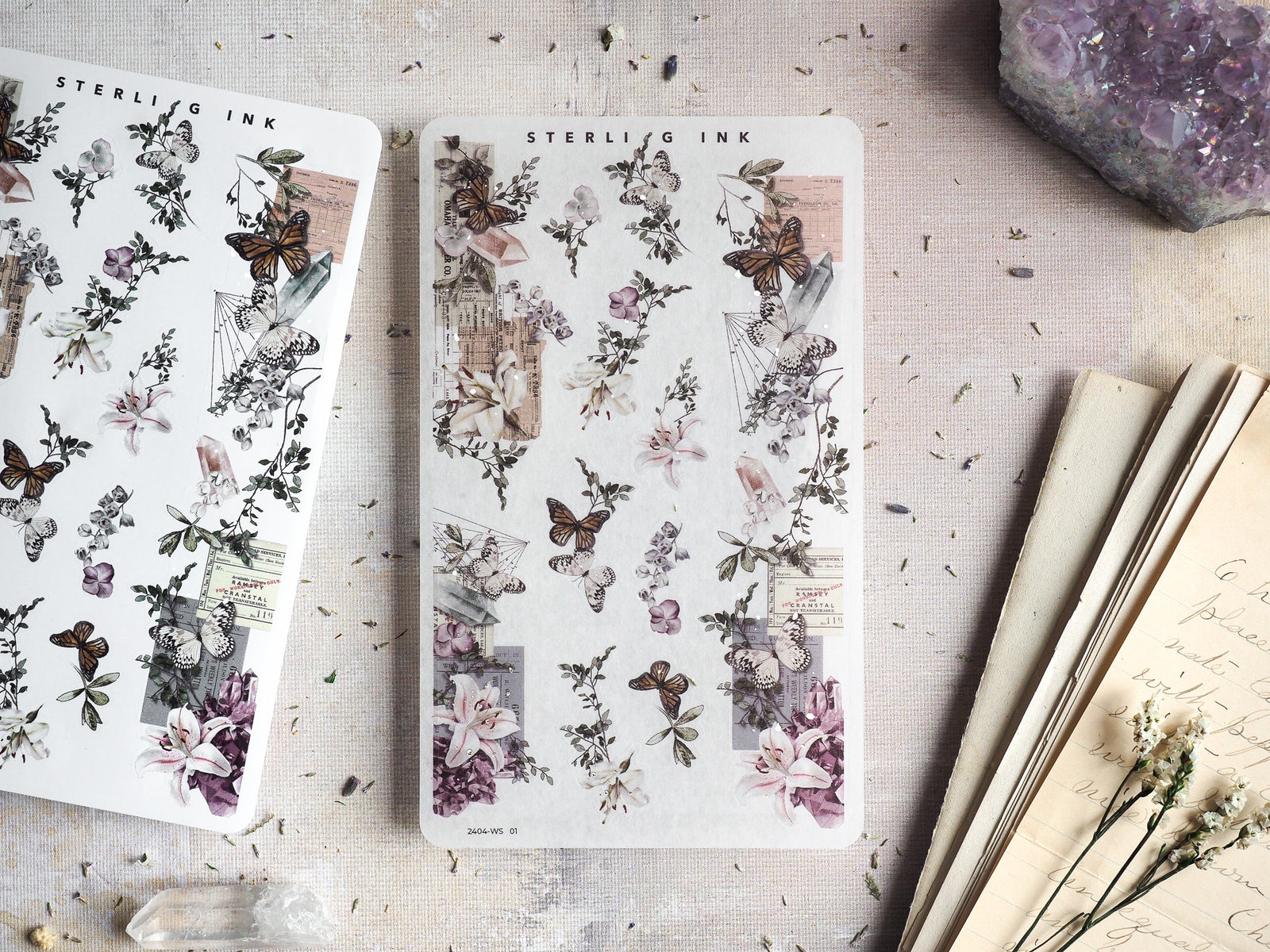 Delicate washi strip stickers featuring an intricate botanical and insect motif pattern, combining detailed illustrations of butterflies, flowers, and classical architecture.