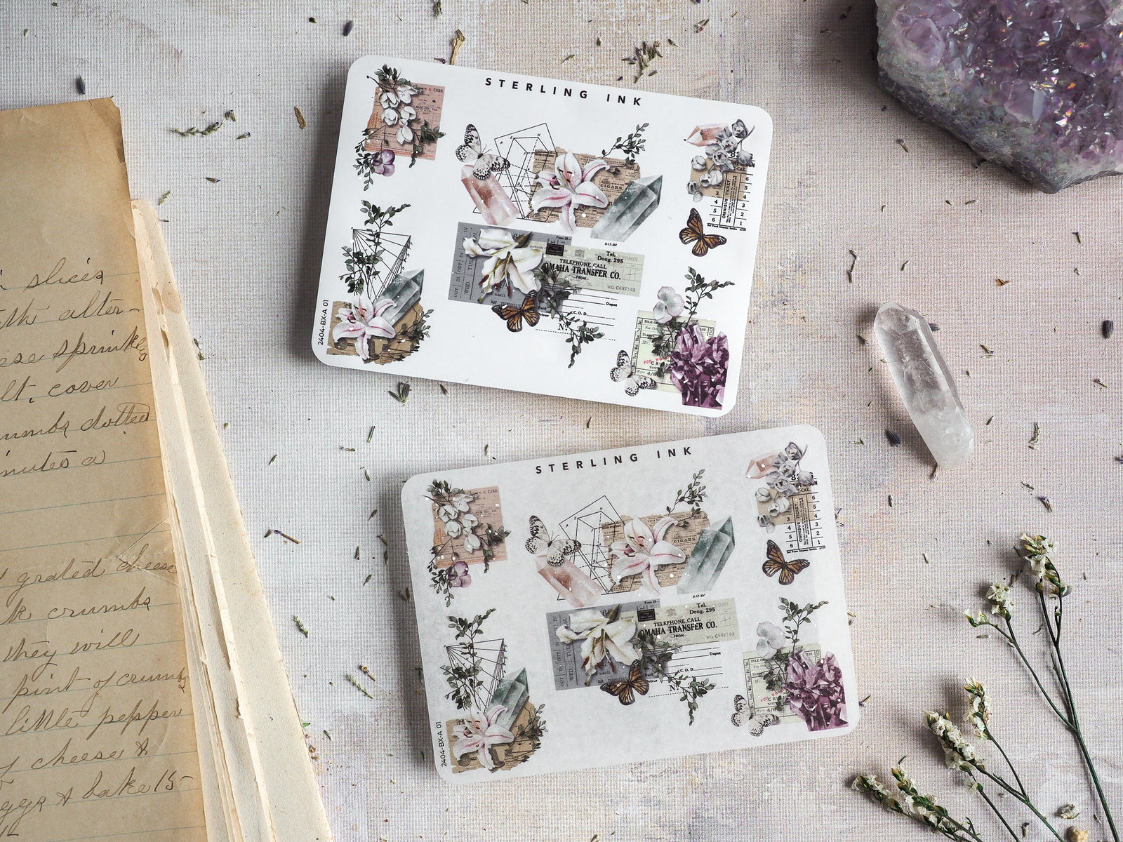 Vintage botanical corner stickers featuring detailed sketches of lavender, pressed flowers, and delicate butterflies, perfect for crafting and journaling.