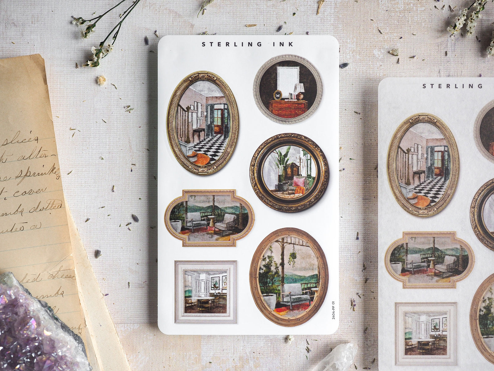 Collection of vintage-themed picture frame stickers featuring elegant, detailed interior scenes like drawing rooms, patterned tile floors, and sophisticated decor.