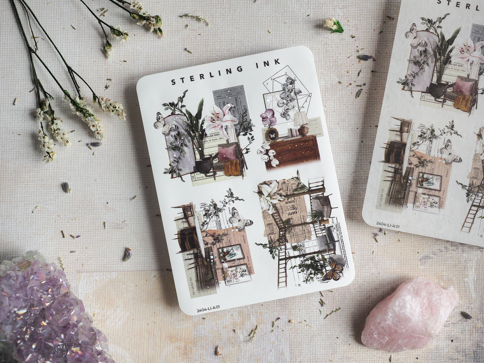 Vintage architectural sticker sheet featuring detailed black and white blueprint sketches, encompassing cozy rooms, furniture, and structural design elements.