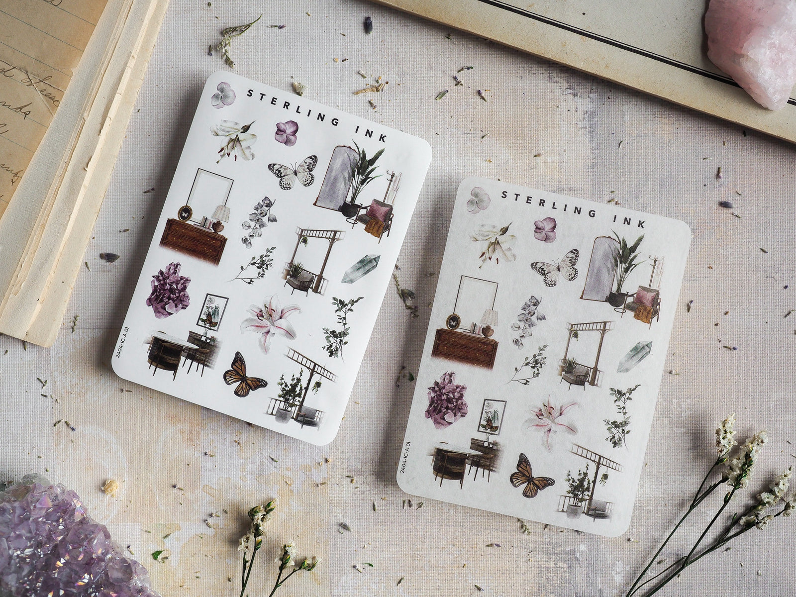 Decorative sticker sheet featuring a delicate spring collection of botanical prints, miniature rustic furniture, and illustrated butterflies.