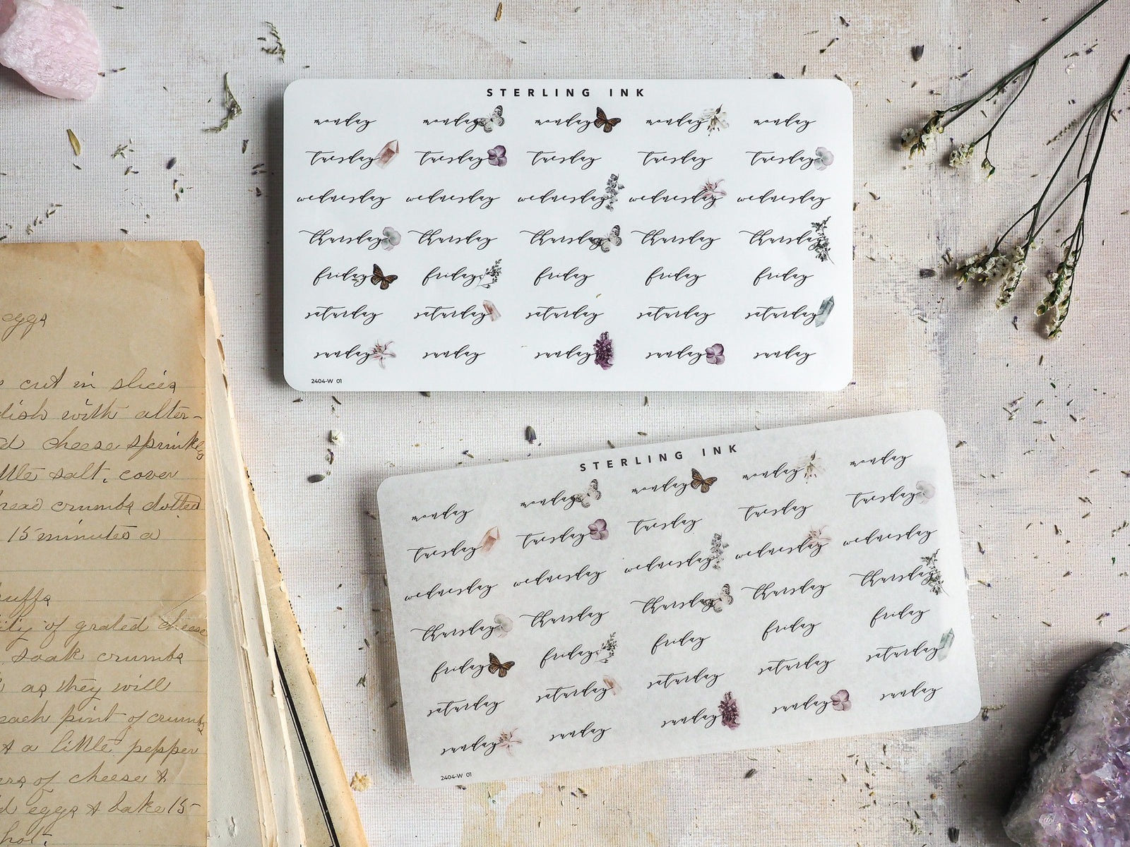 Three white sheets of decorative stickers featuring a vintage "STERLING INK" label and repeating script names surrounded by delicate, elegant floral patterns.
