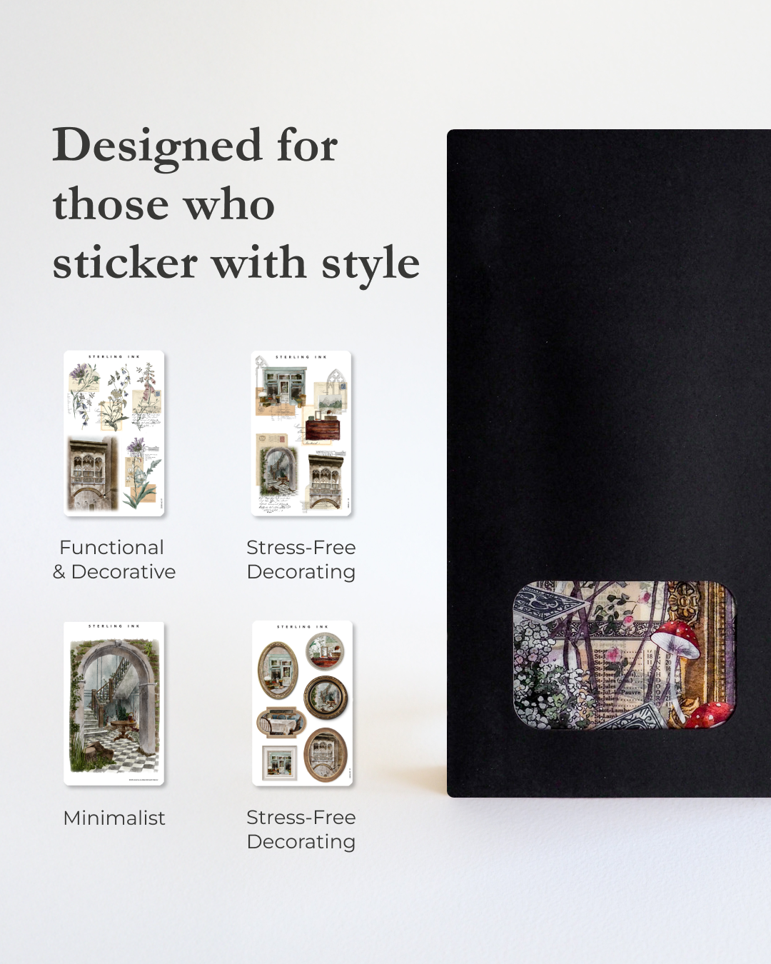 Detailed vintage architectural sticker featuring lush botanical designs, overgrown vines, and rustic courtyard scenes.