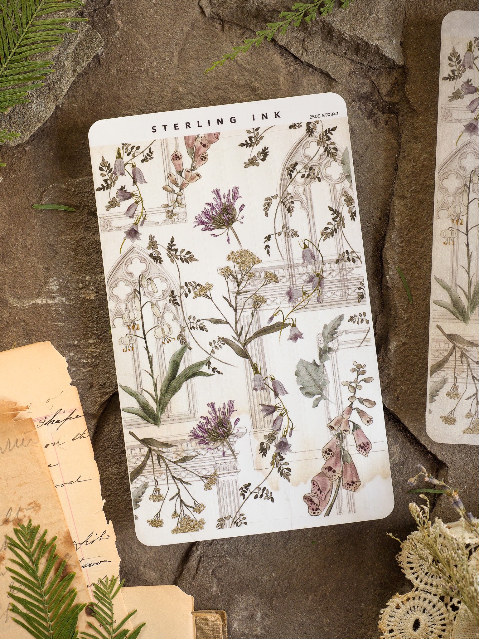 Vintage botanical sticker strip featuring detailed illustrations of lush purple and green wildflowers in soft, elegant watercolor tones.