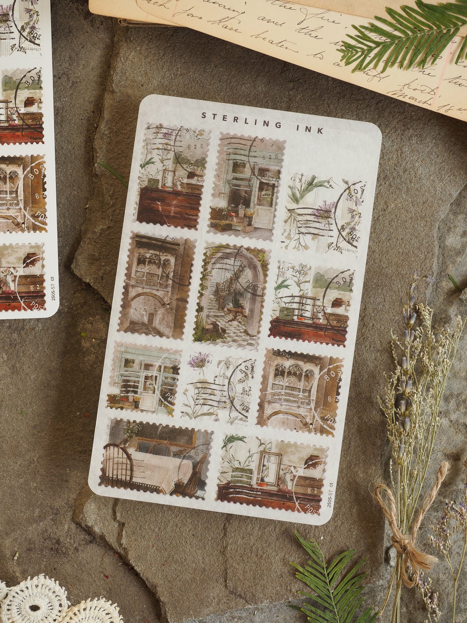 Muted sepia stickers featuring nine vintage stamps of historical architecture, including quaint windows and ornate doorways perfect for crafting and journaling.