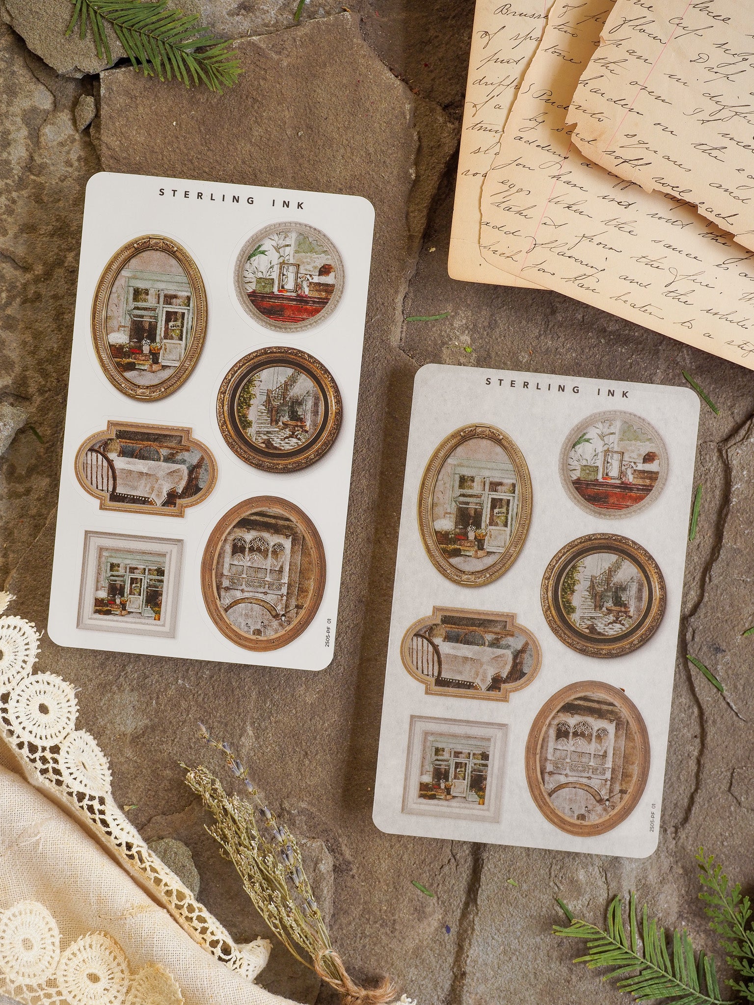 Decorative sticker sheets featuring antique, gold-rimmed photo frames surrounding rustic and nostalgic interior scenes perfect for scrapbooking and journaling.
