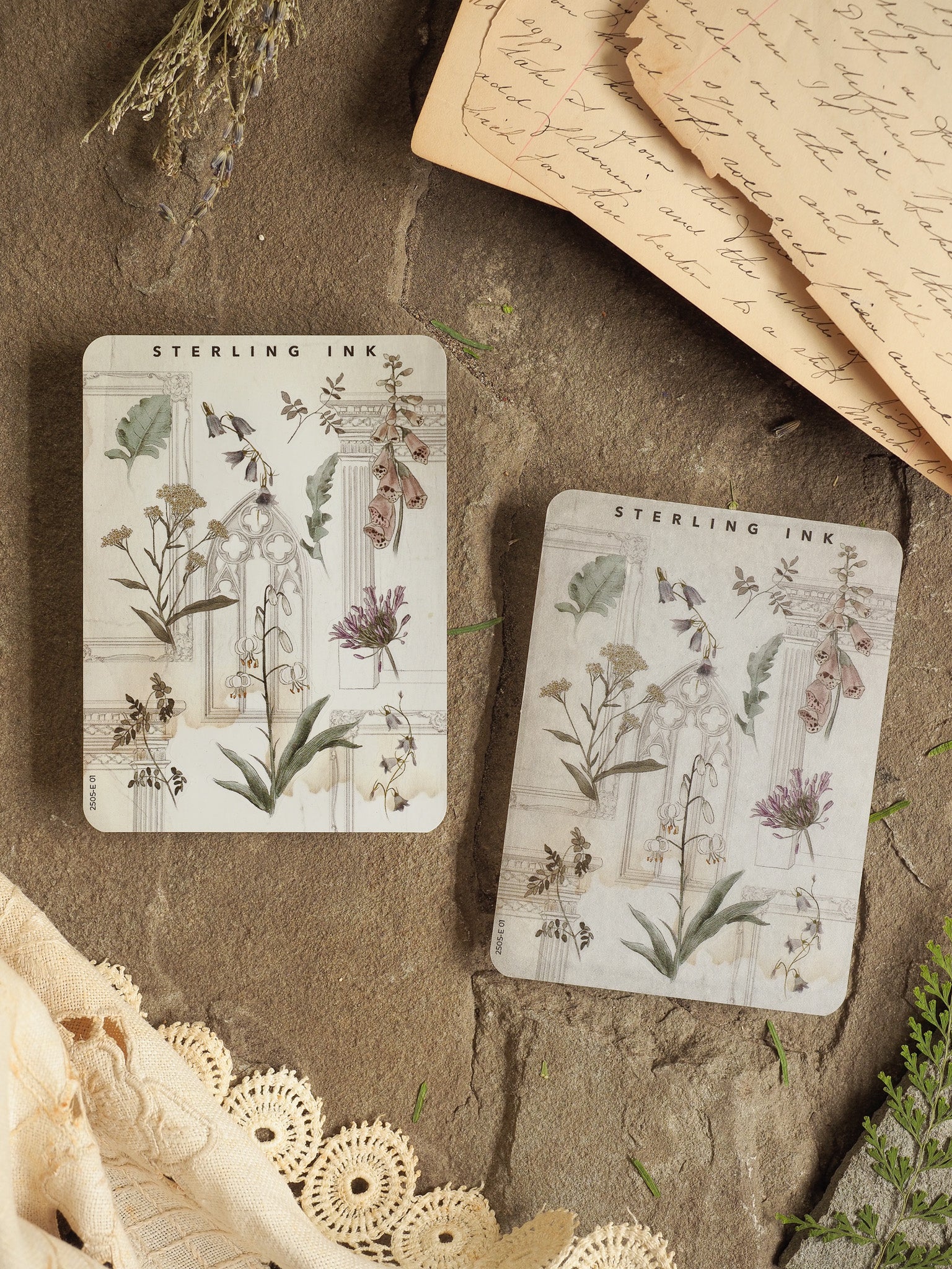 Elegant botanical element stickers featuring detailed, vintage illustrations of flowers and foliage in soft, muted tones for journaling.