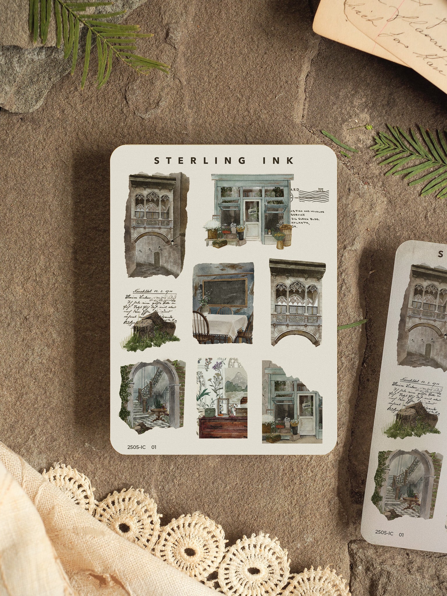 Mini Elements Icon Stickers displaying ornate, vintage architectural doodles, such as arches, windows, and storefronts, rendered in a detailed ink sketch style.
