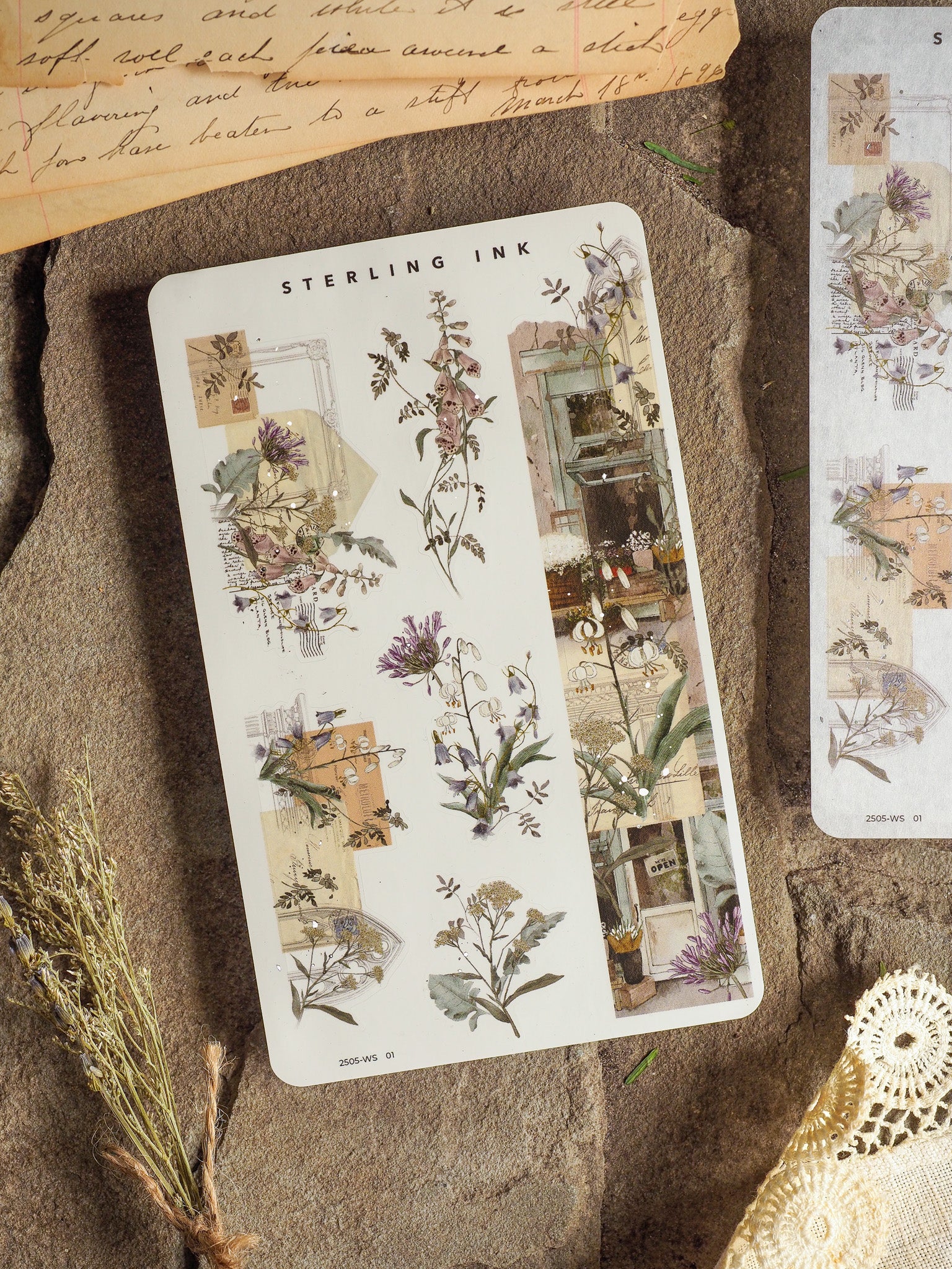 Vintage botanical collage washi stickers featuring pressed flowers, naturalistic watercolor illustrations, and aged paper elements in earth tones.