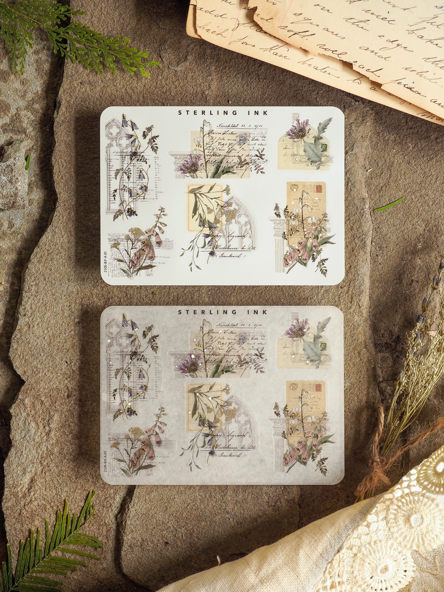 Vintage sticker sheets featuring muted botanical sketches, detailed dried flora, and elegant corner designs suitable for decorative journaling and scrapbooking.