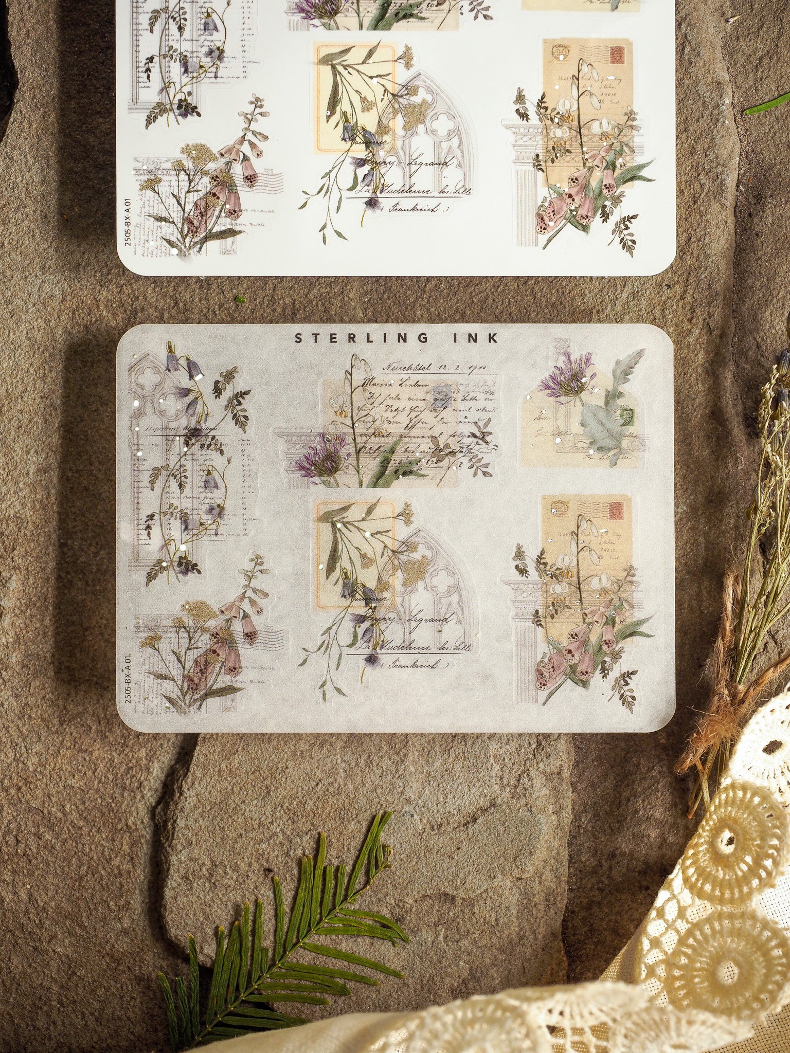 Elegant sticker sheet for journaling featuring vintage botanical illustrations, muted watercolor florals, decorative edges, and delicate corner accents.