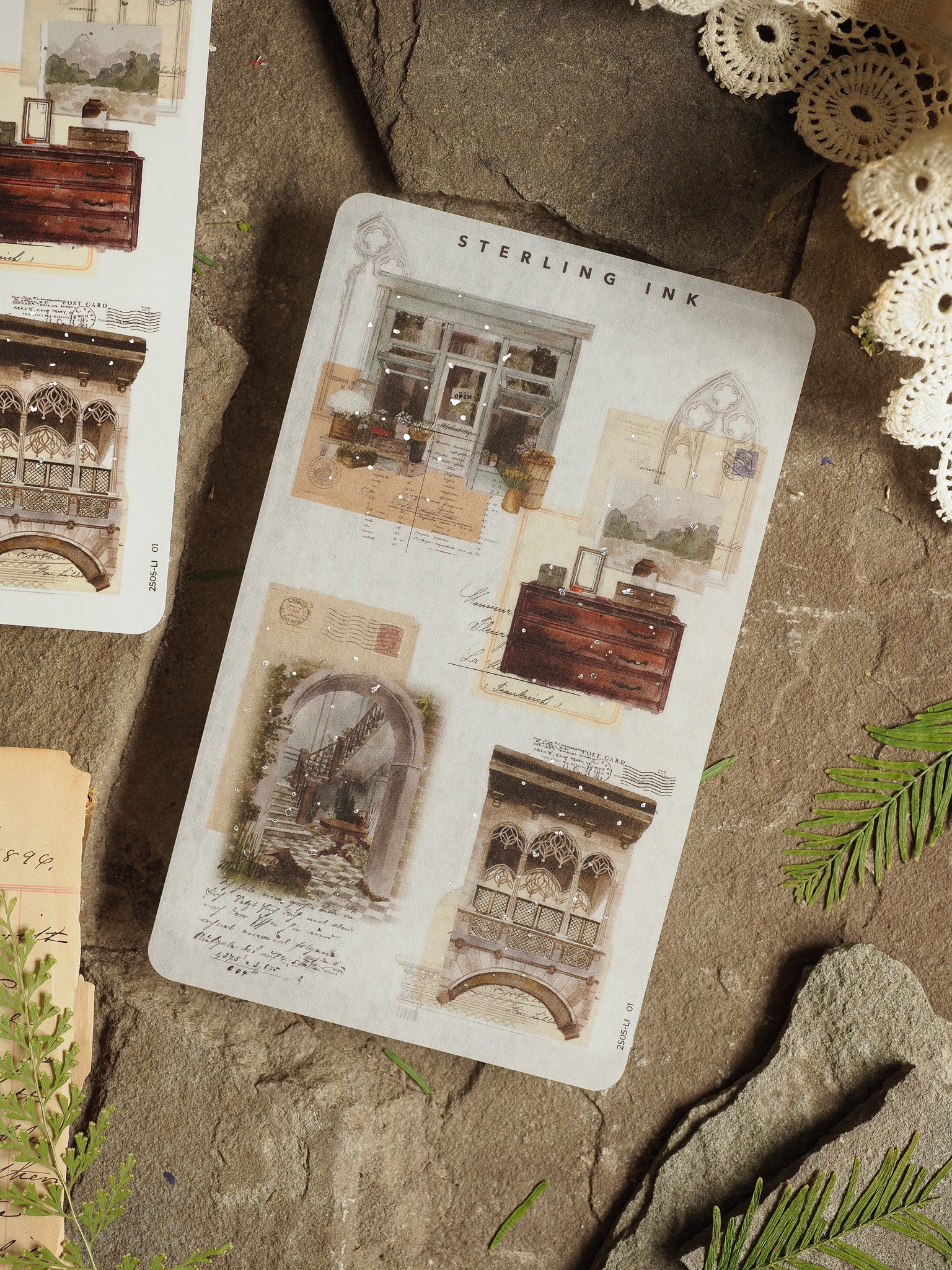 Vintage-themed collage sticker sheet featuring sepia-toned sketches of classical architecture, ornate detailing, and antique labels arranged under the "Sterling Ink" title.