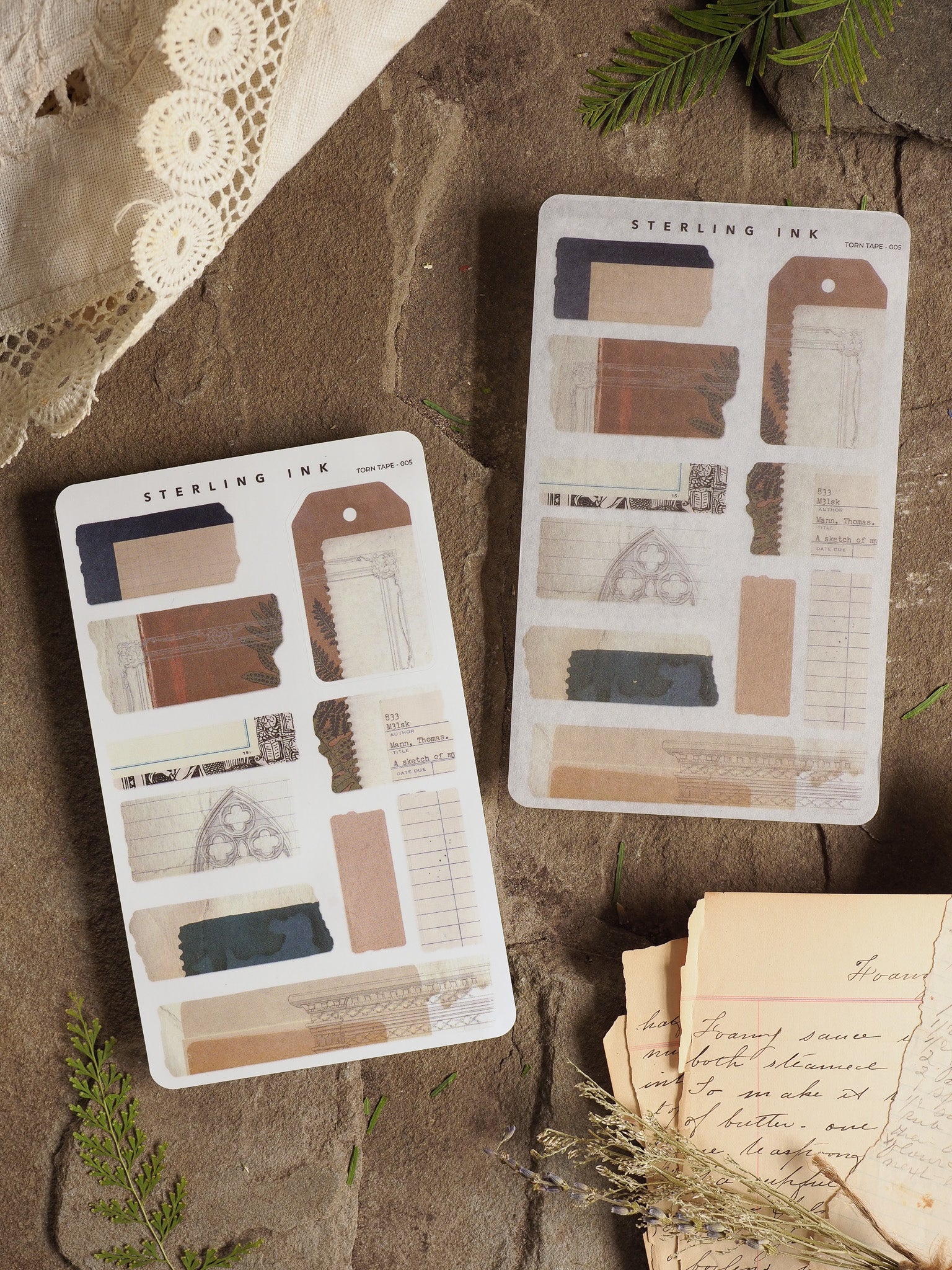 A set of rustic, vintage-themed sticker strips featuring varied distressed textures and muted tones of sepia, beige, and brown paper tape.