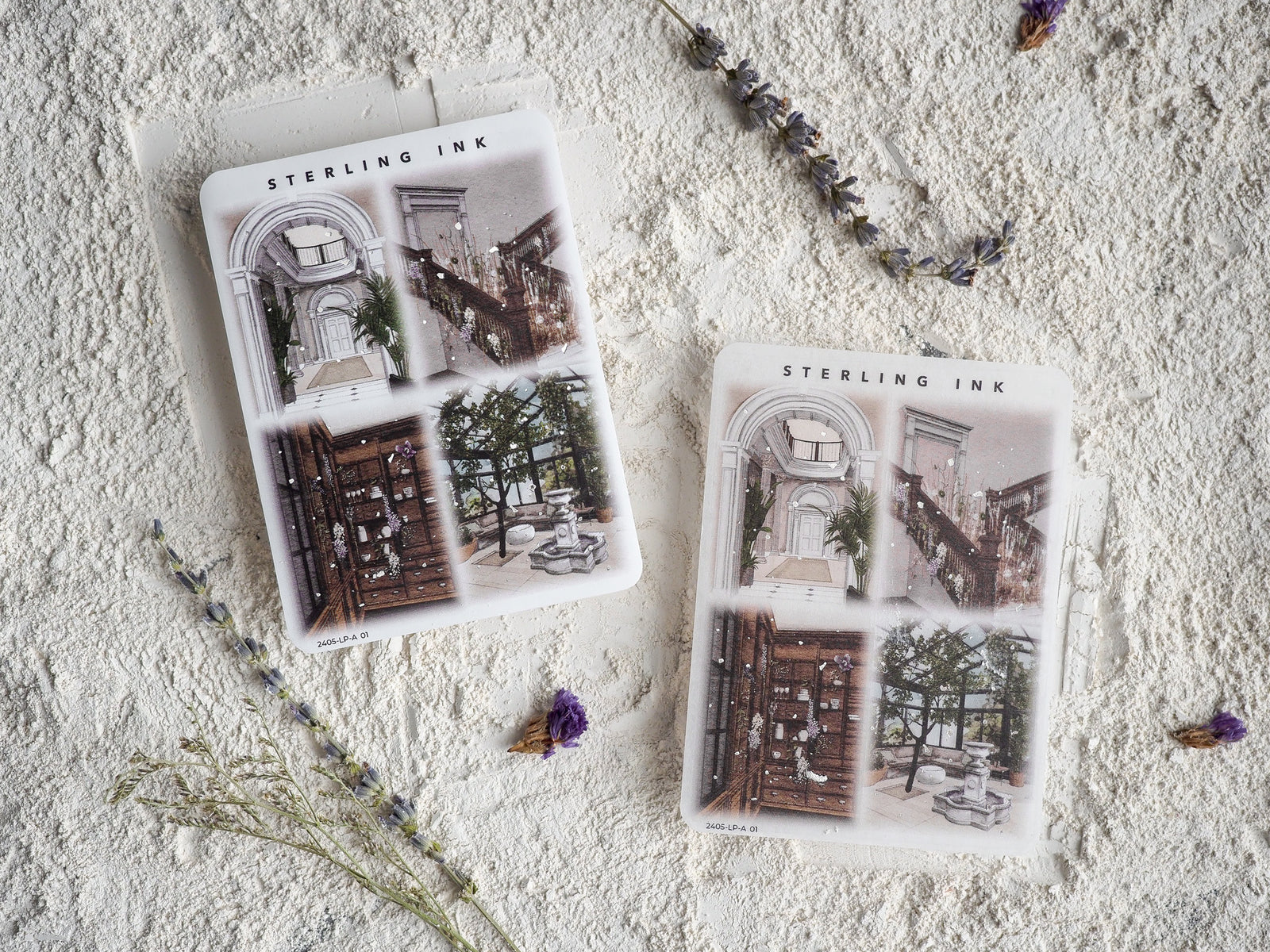 Vintage architectural illustration stickers featuring classical arches, elegant staircases, and nostalgic building details.