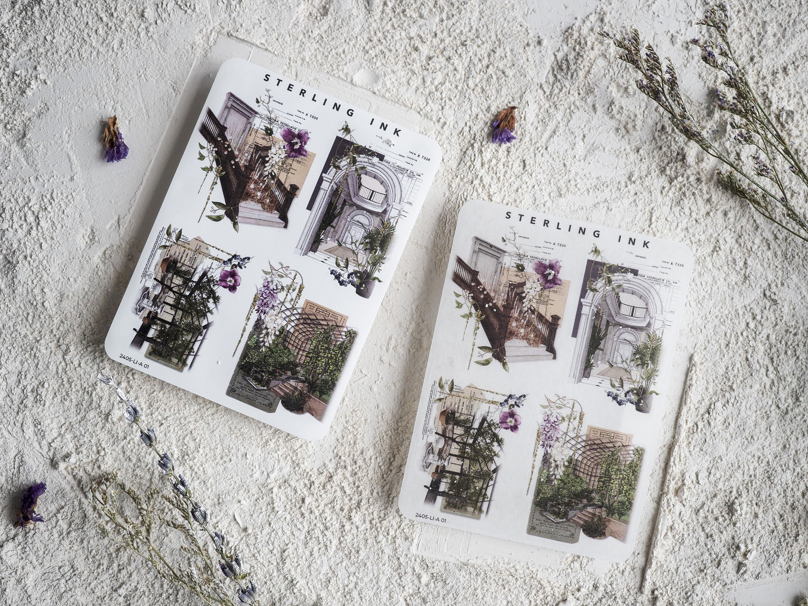 Large icon sticker sheets displaying intricate vintage illustrations of ornate architecture, detailed doorways, and lush botanical designs in black and sepia tones.