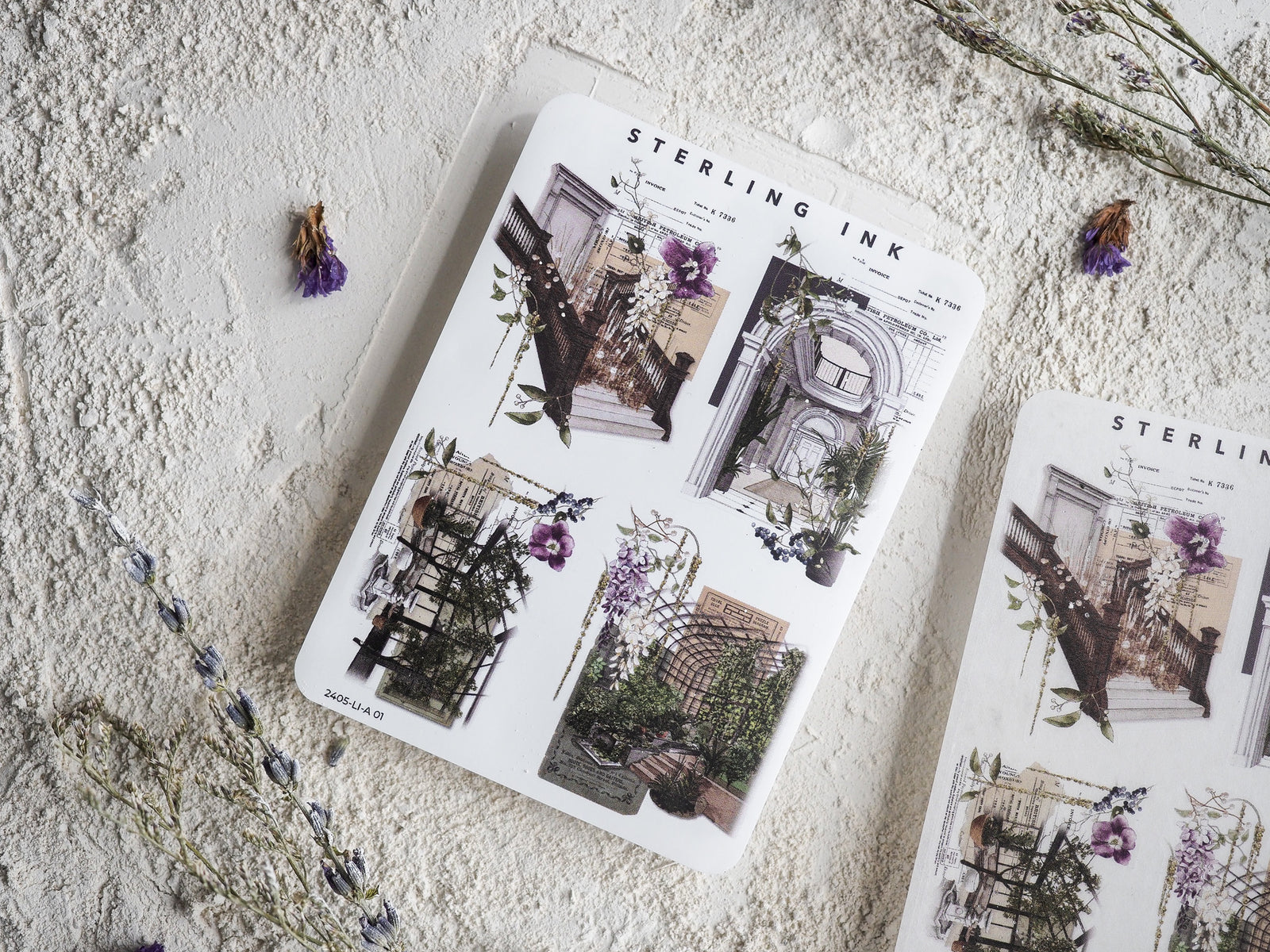 Vintage blueprint sticker sheet featuring large architectural blueprints mixed with delicate botanical drawings and purple floral accents.