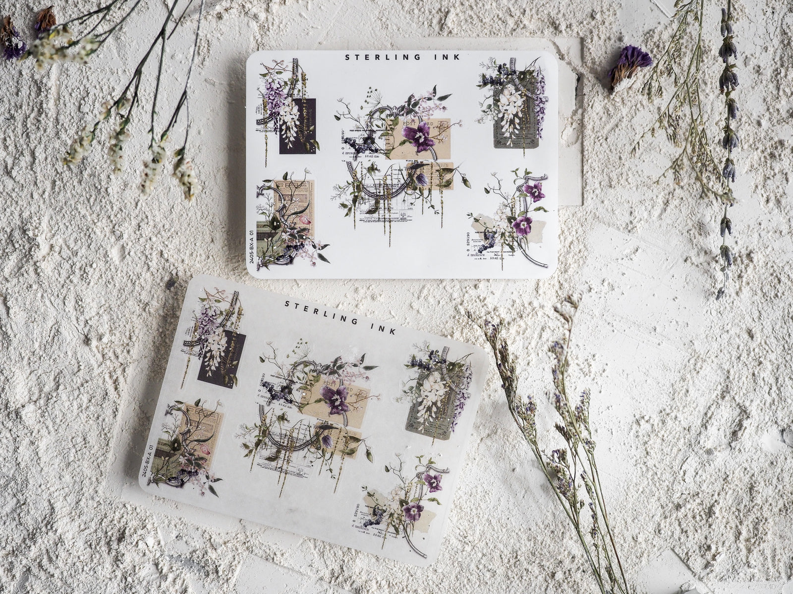 Vintage and elegant decorative sticker sheets featuring scattered botanical illustrations, delicate florals, and silver foil corner embellishments.