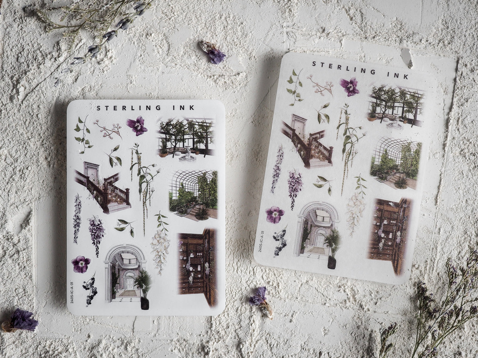 Watercolor sticker sheets featuring vintage botanical elements, detailed garden arches, and miniature architectural icon designs.