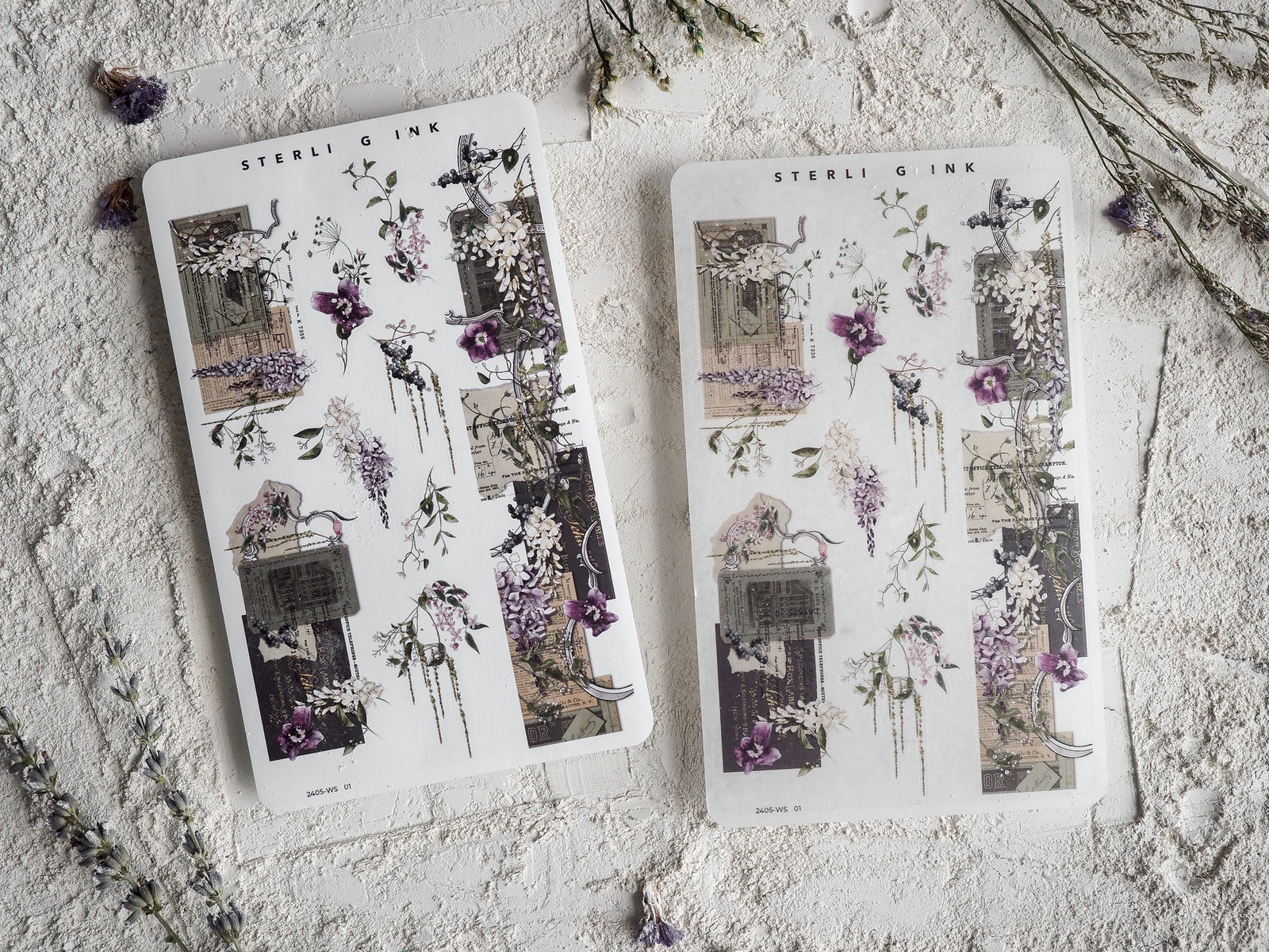 Vintage washi strip stickers featuring a decorative blend of architectural panels, muted sepia tones, and abundant purple floral and botanical arrangements.