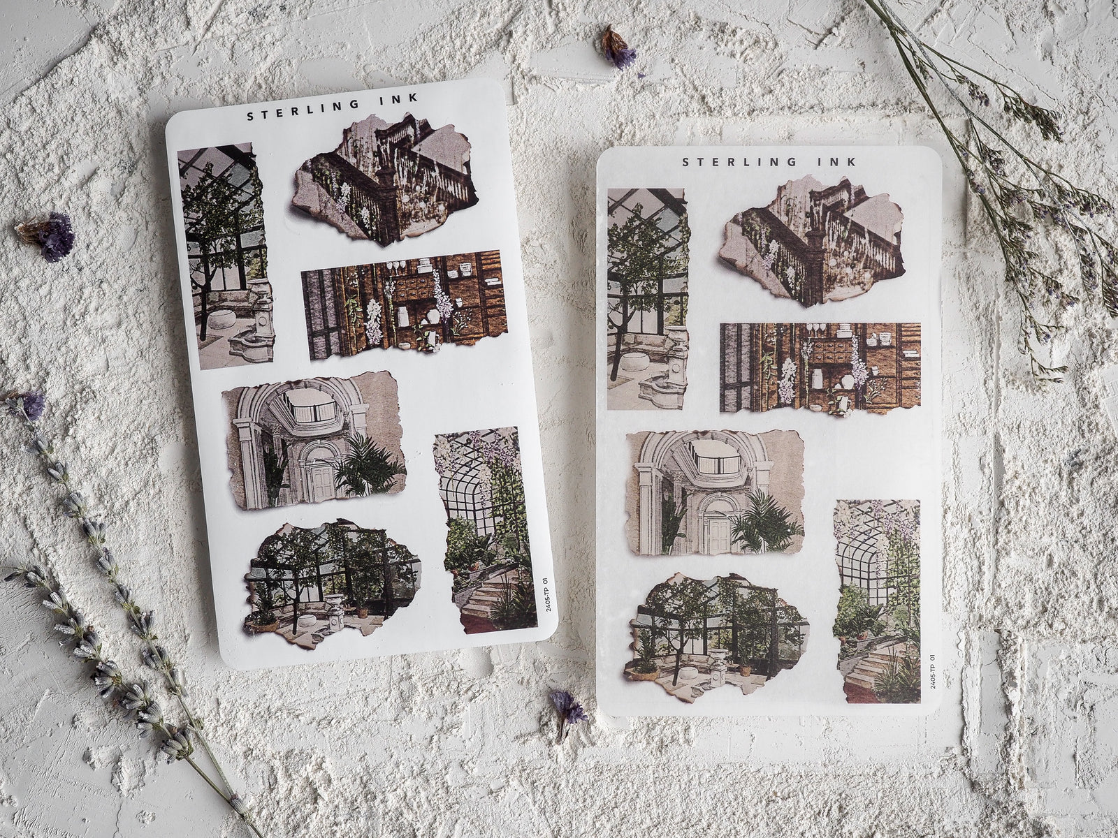 Two sheets of vintage-themed torn paper stickers depicting detailed architectural ruins and derelict historical buildings, perfect for scrapbooking.
