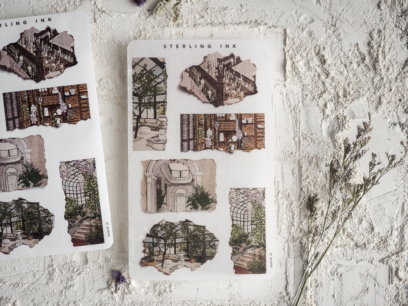 Vintage torn paper stickers featuring collage elements of sepia-toned ruined architecture, overgrown Parisian streets, and nostalgic urban decay designs.