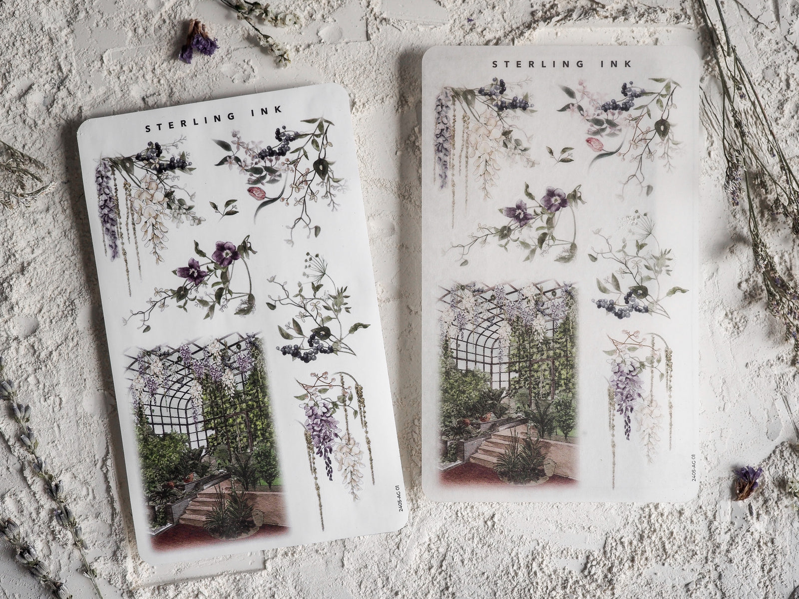 Botanical sticker sheet featuring elegant arrangements of purple wisteria, ornate garden arches, and delicate floral bouquets for May 2024 crafting.