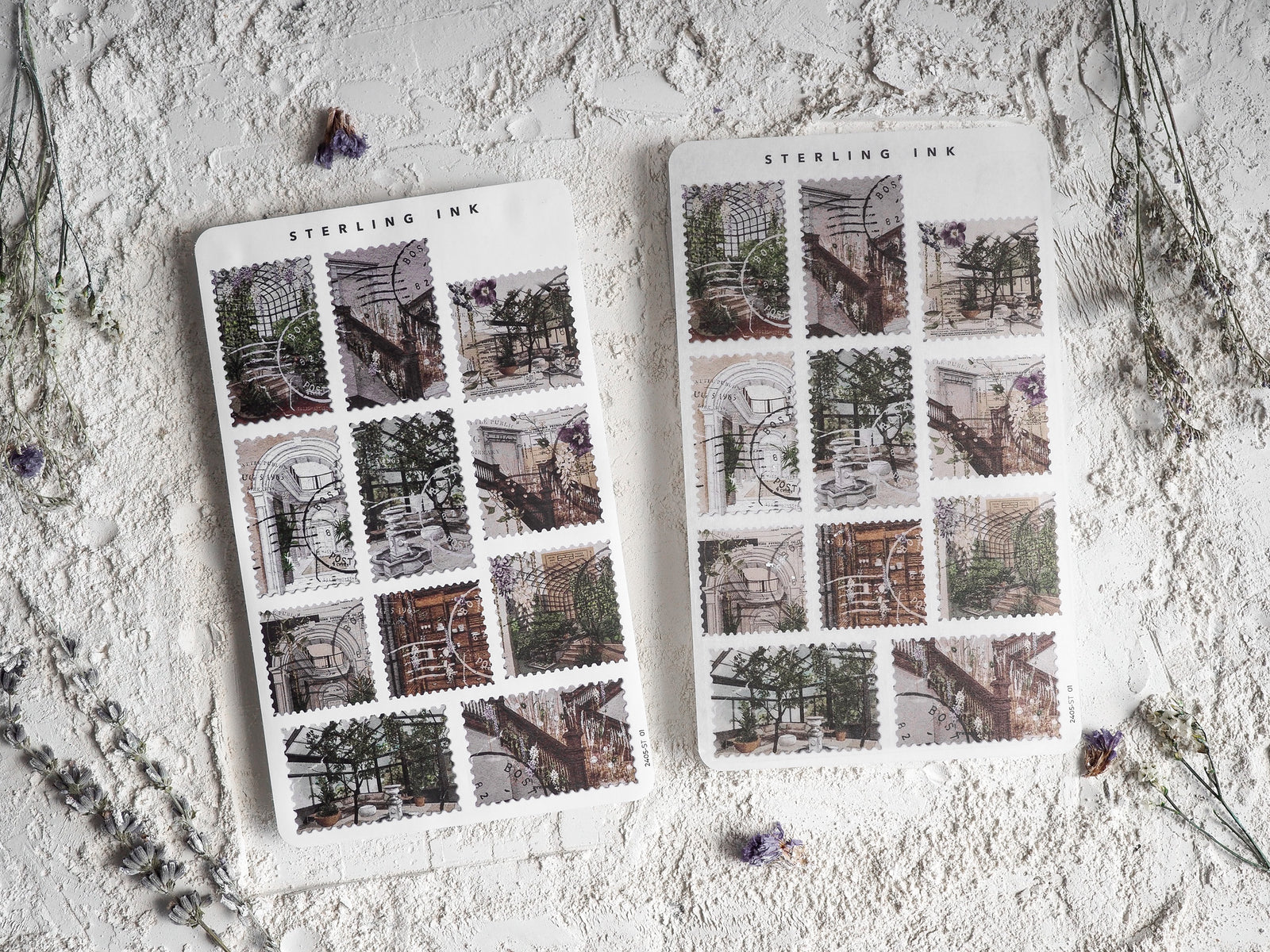 Vintage May 2024 stamp stickers featuring sepia-toned architectural sketches of elegant, historic buildings and intricate urban designs.