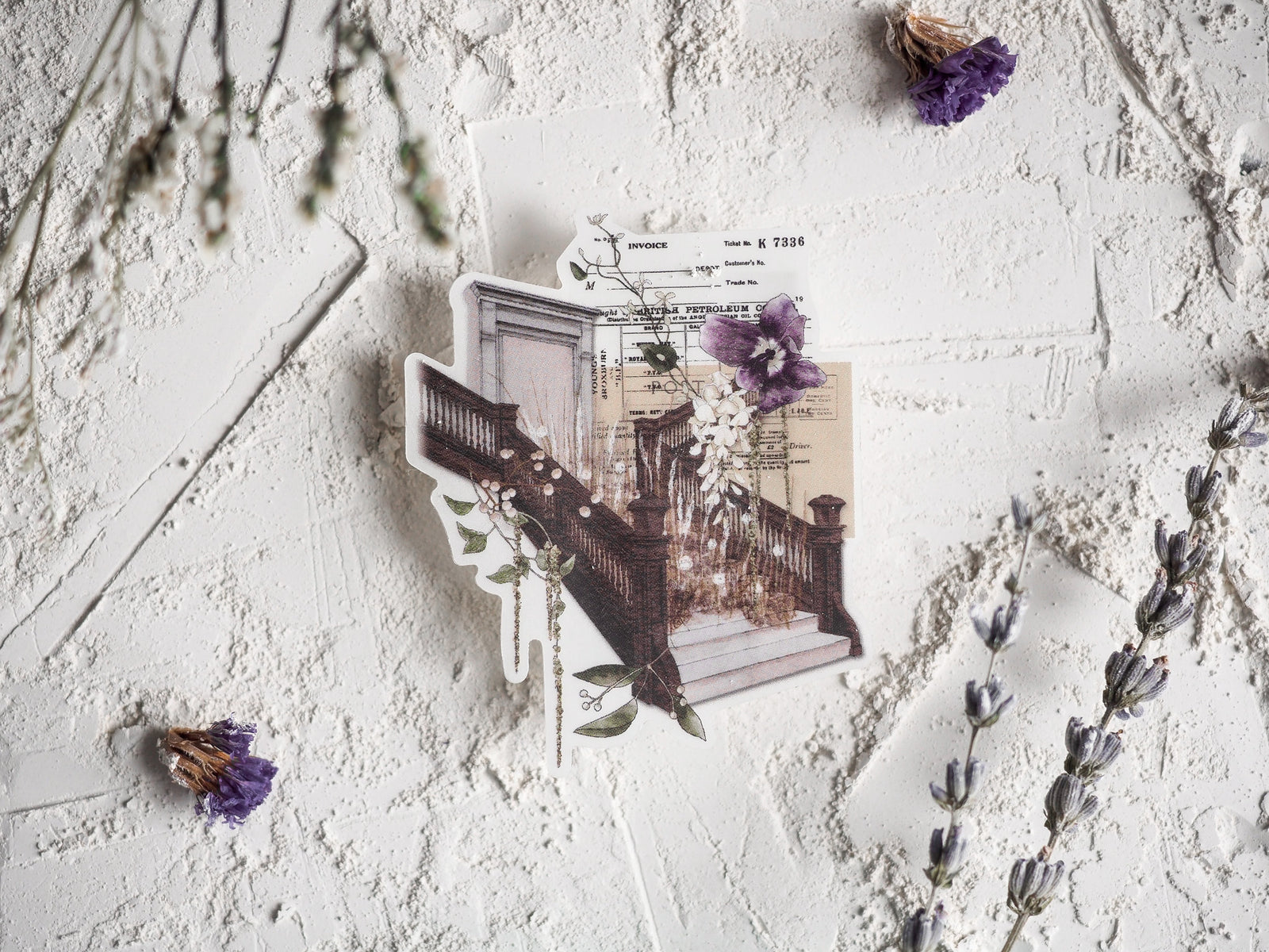 Vintage collage sticker featuring an aged invoice background and an ornate stone balustrade adorned with purple florals and greenery.
