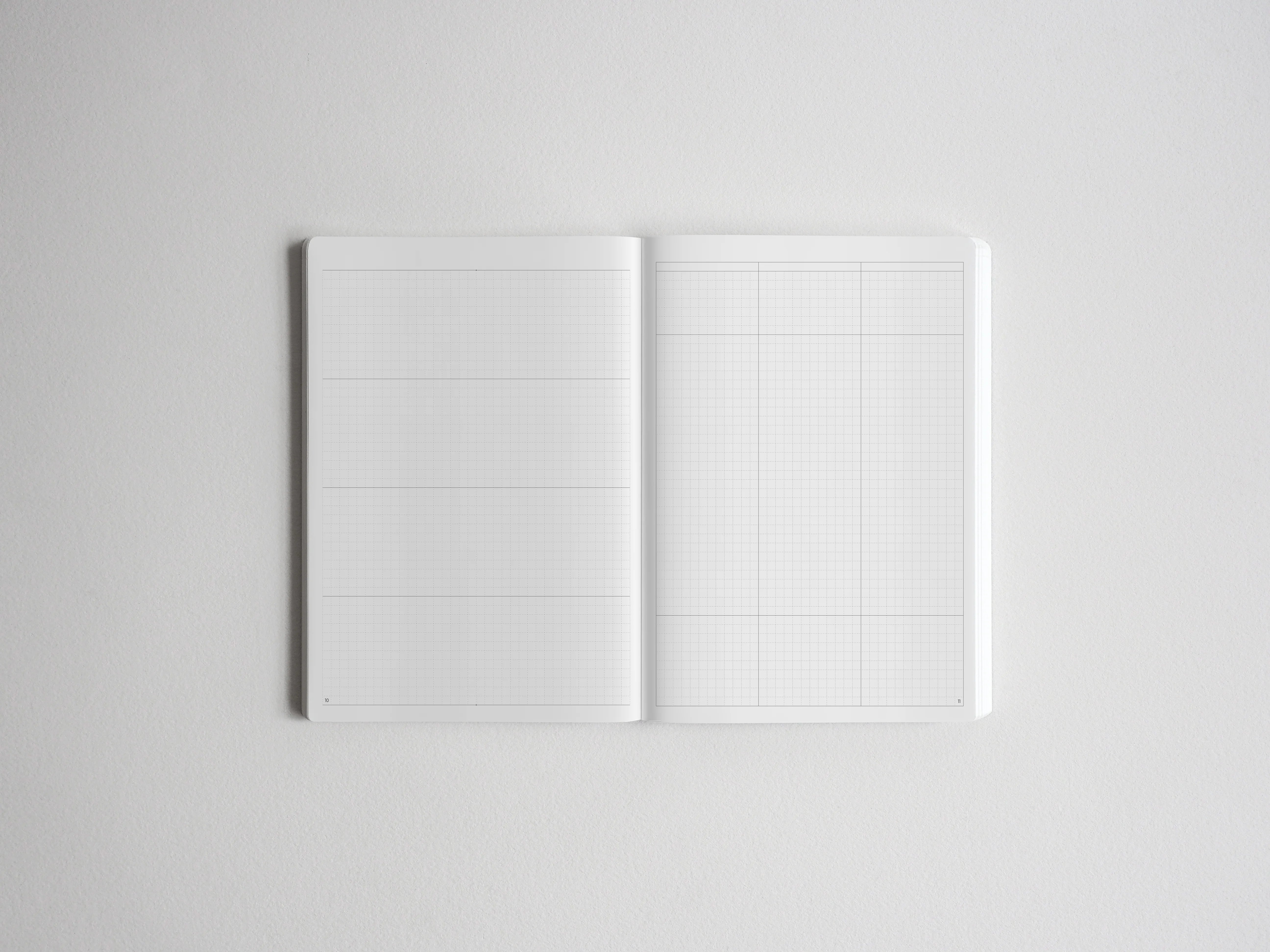 Open notepad featuring two distinct pages: a sectioned ruled page on the left and a square-grid graph page on the right, perfect for planning, journaling, and tracking.