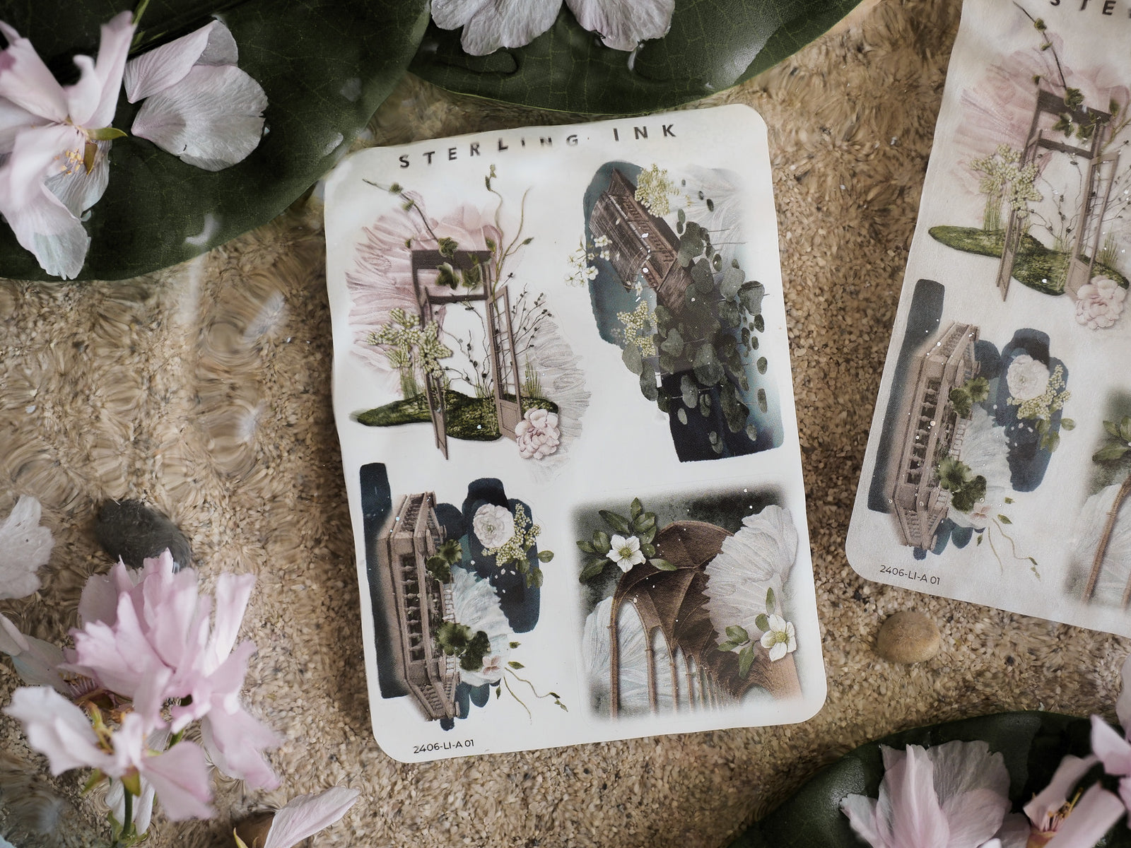 Decorative sticker sheets featuring romantic botanical icons of overgrown architectural arches and structures, rendered in lush greens, grays, and soft florals.