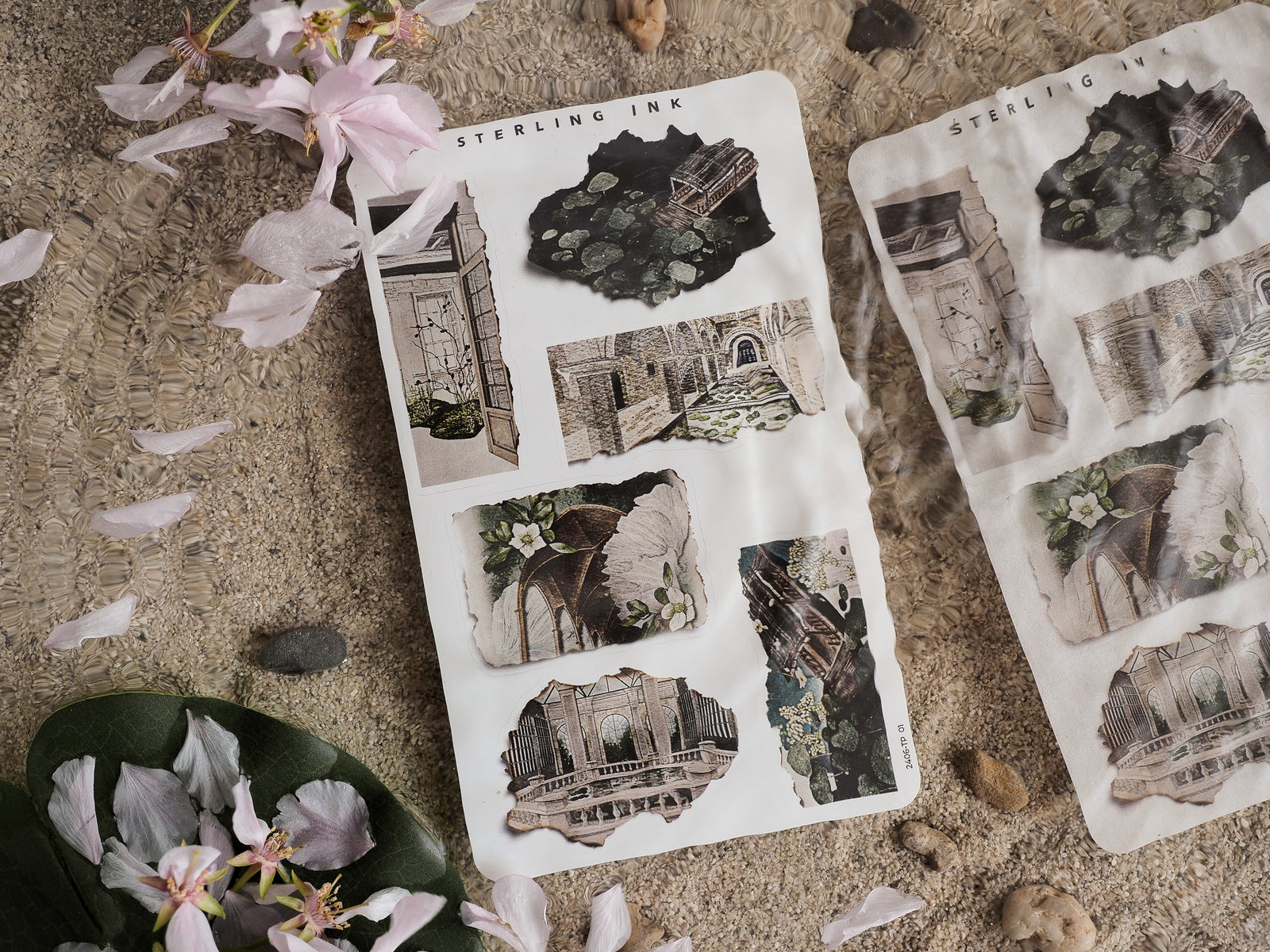 Vintage torn paper sticker sheets featuring detailed illustrations of historical and classical stone ruins, perfect for scrapbooking and journaling.