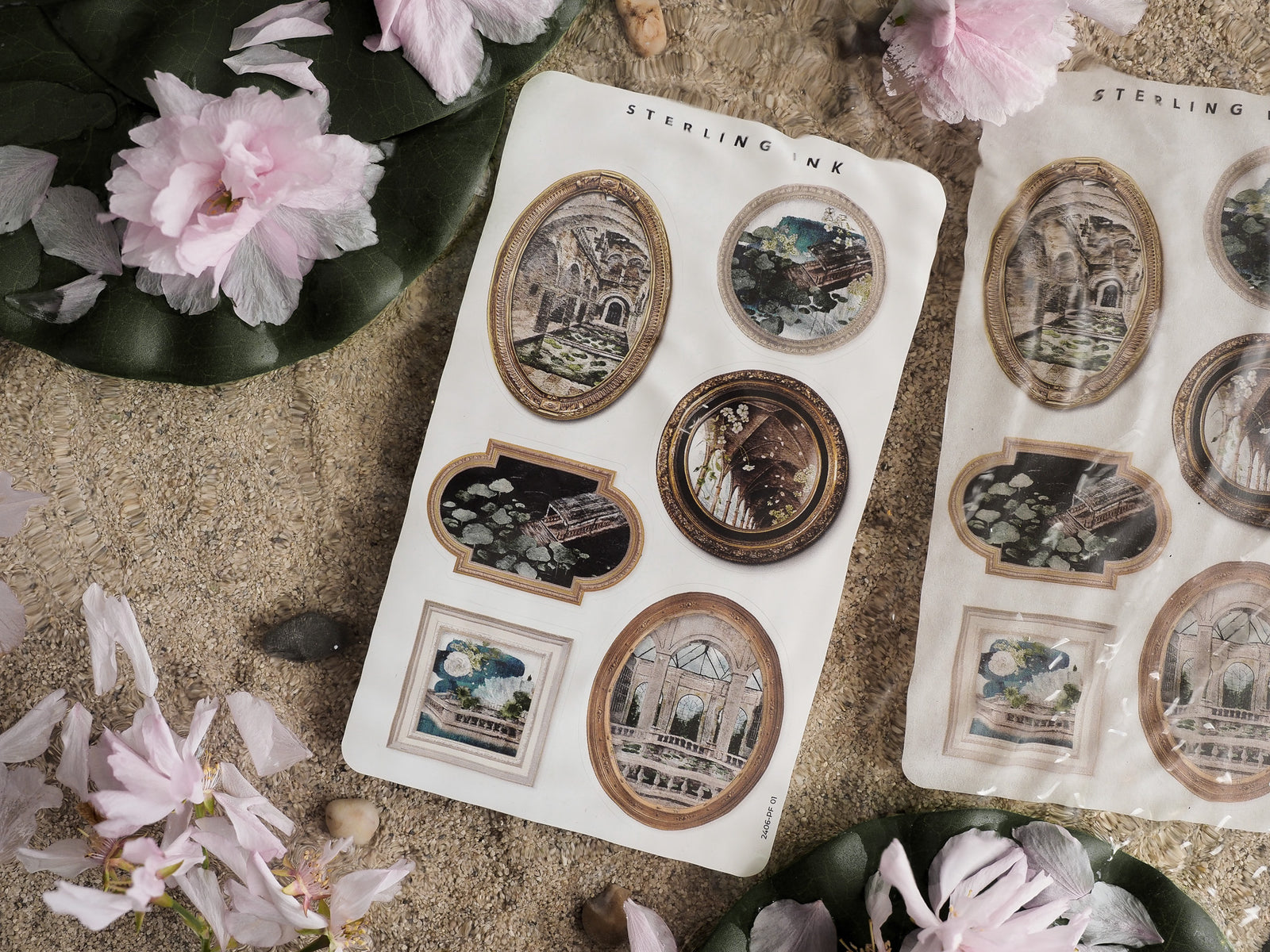 Vintage picture frame sticker sheets featuring sepia-toned architectural scenes, including arches and classical building vignettes.