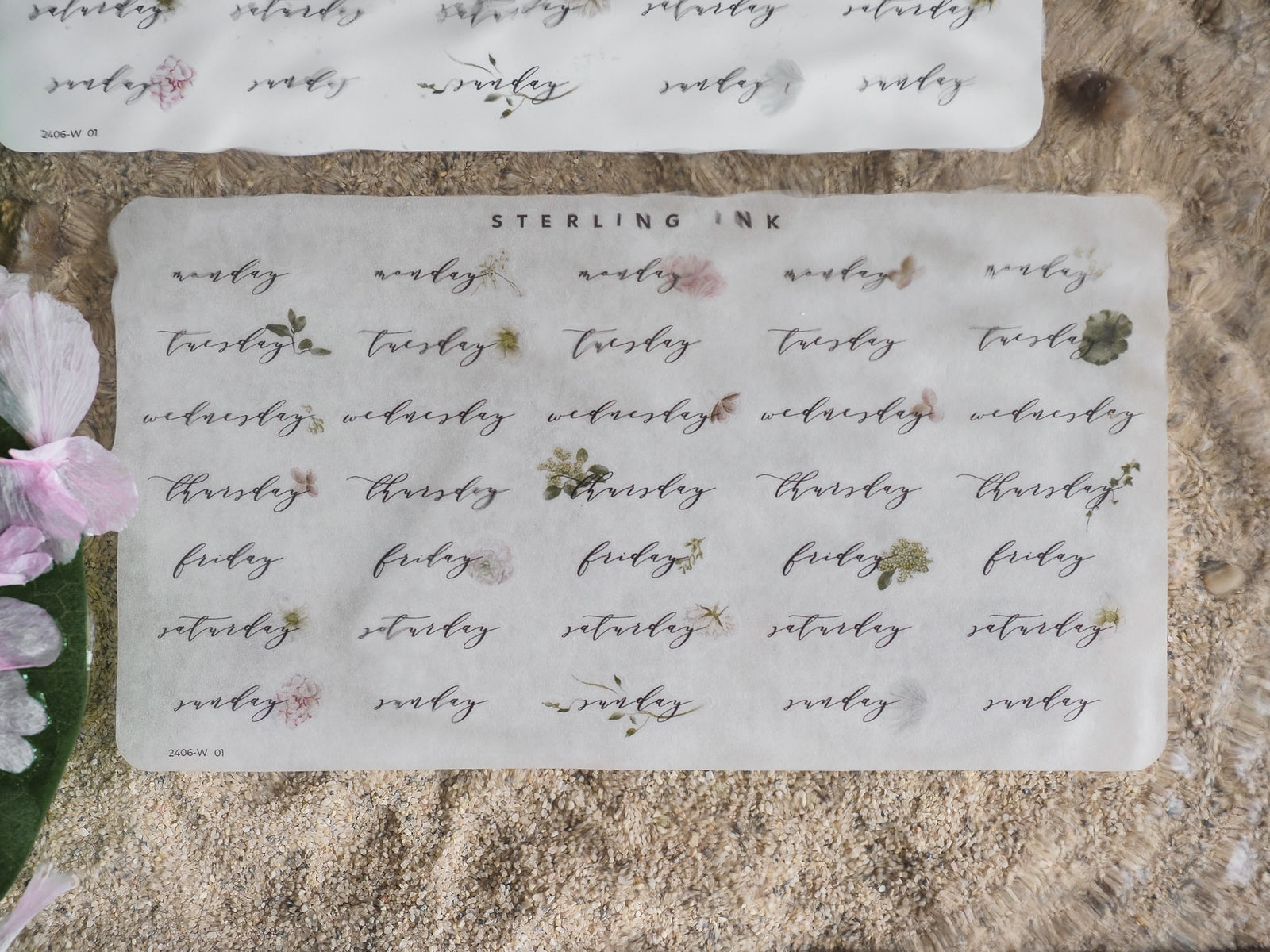 Set of printable weekly planner stickers featuring labeled days of the week, elegant floral clusters, and decorative journaling elements for June 2024 organization.