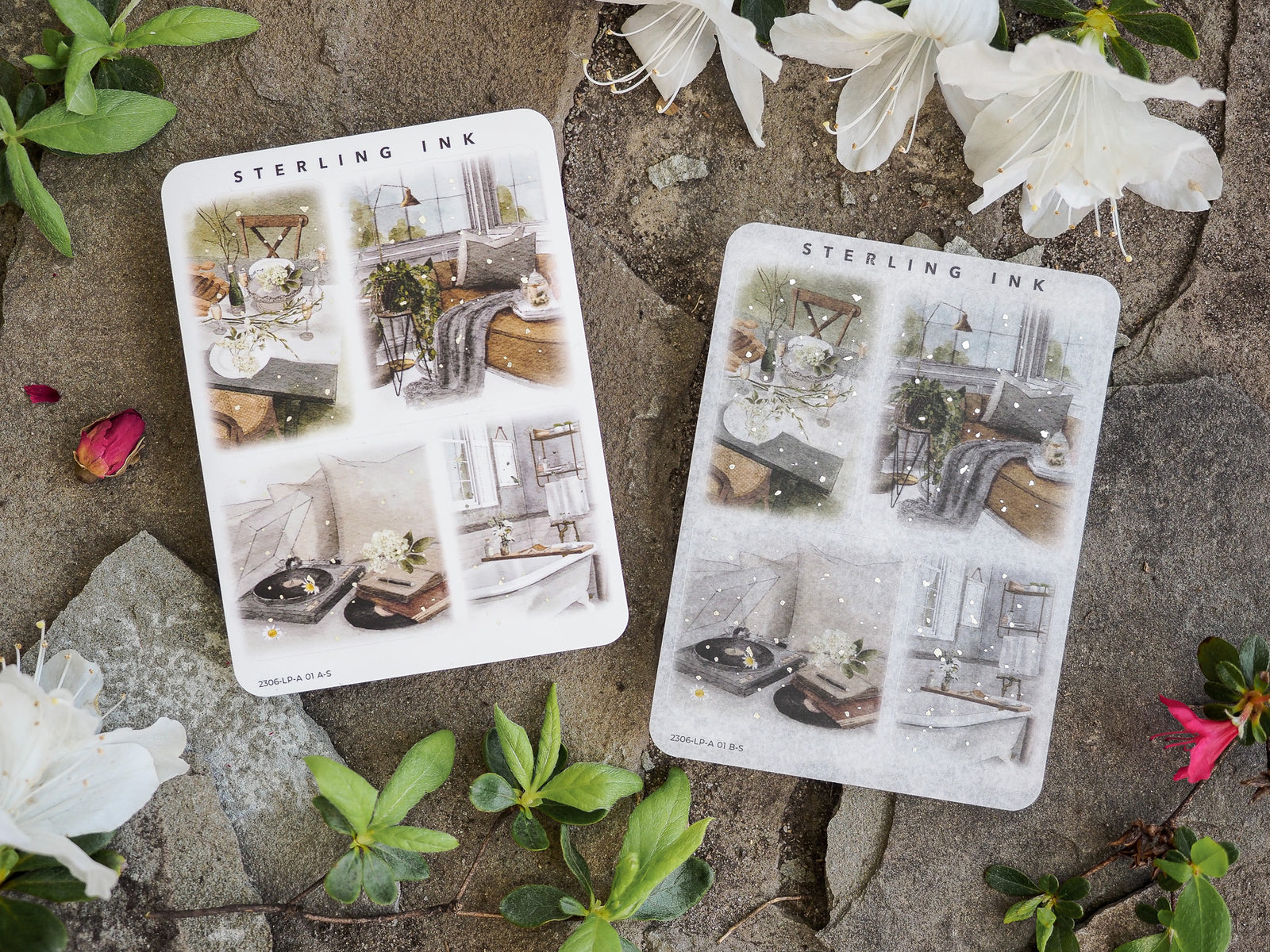 Large silver foil sticker sheets featuring "STERLING INK" and decorative grids of vintage illustrations showcasing domestic, apothecary, and interior design scenes.