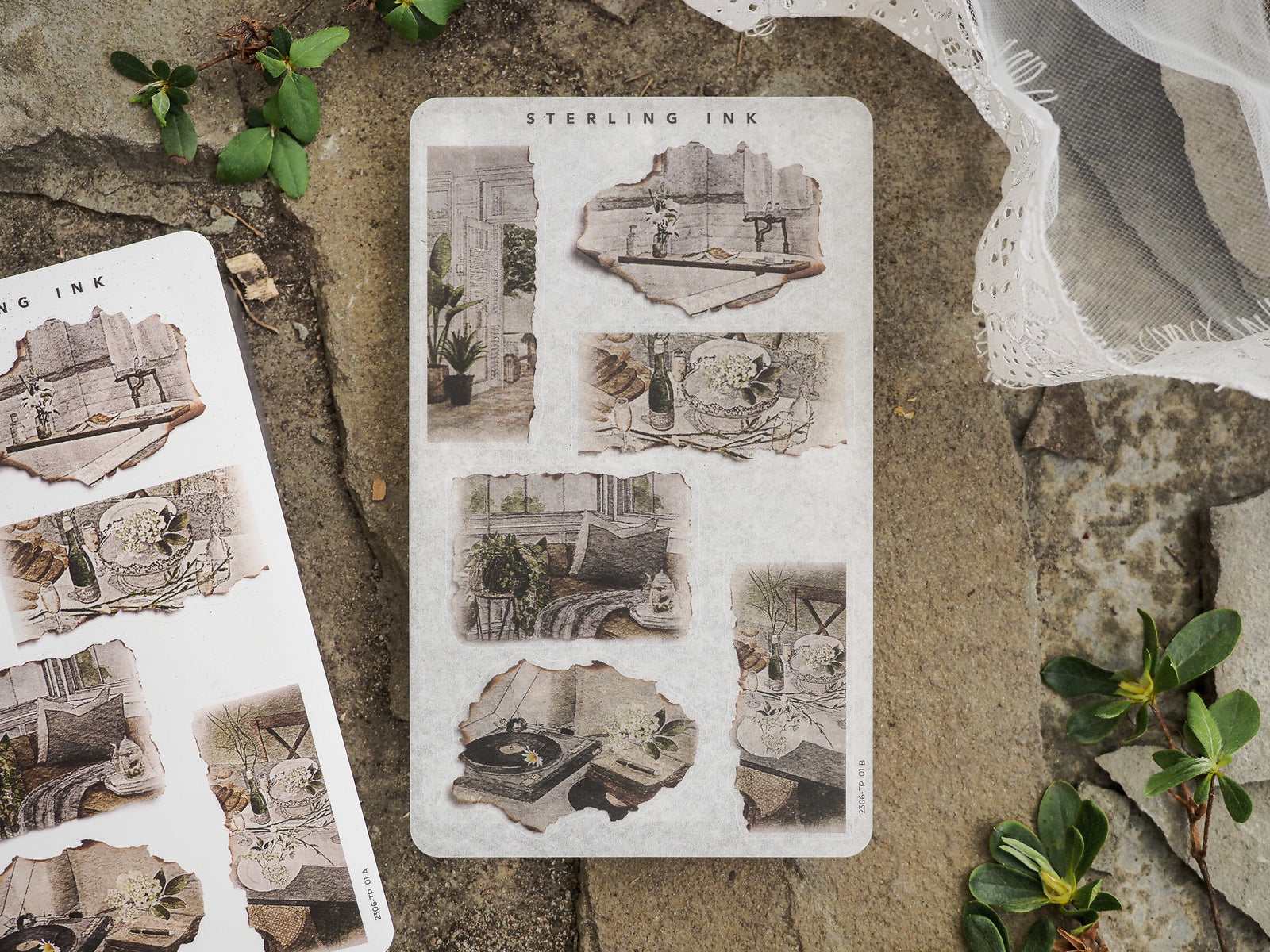Vintage "Torn Paper Stickers - June 2023" featuring sepia-toned, distressed vignettes of natural elements and architectural details.