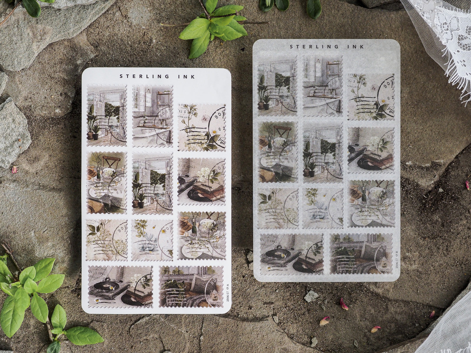 Two sheets of "Stearling Ink" vintage stamps featuring a grid pattern of monochromatic sketch illustrations of cozy domestic interiors.