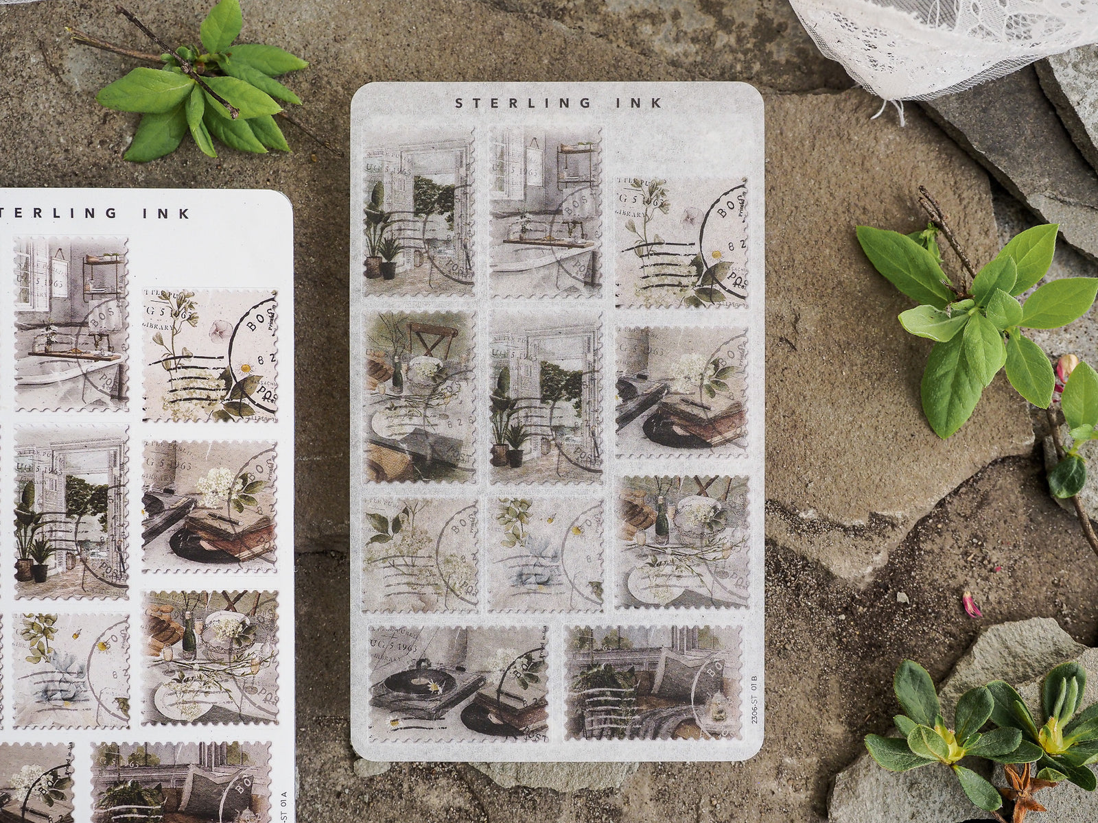 Stickers and stamps from June 2023 featuring a grid layout of detailed, vintage, sepia-toned vignettes of rustic interior home decor and plants.